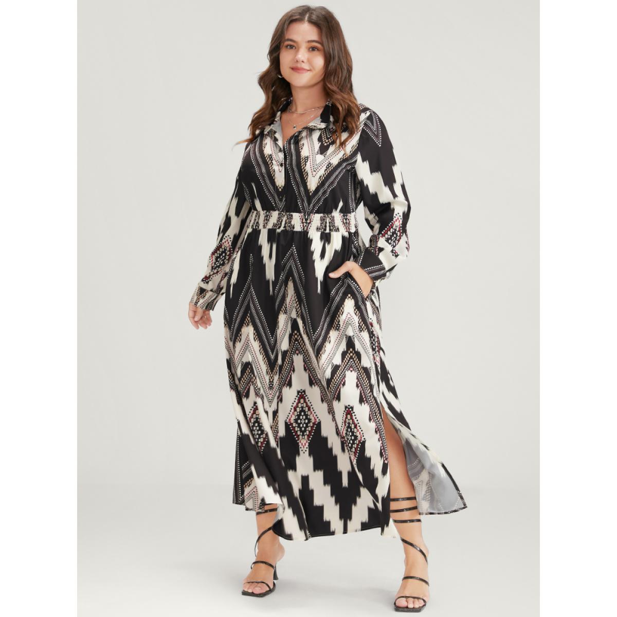 Plus Size Geometric Shirt Collar Pocket Button Up Shirred Dress Black Women Elegant Printed Shirt collar Long Sleeve Curvy Long Dress BloomChic 30/6X Product Image
