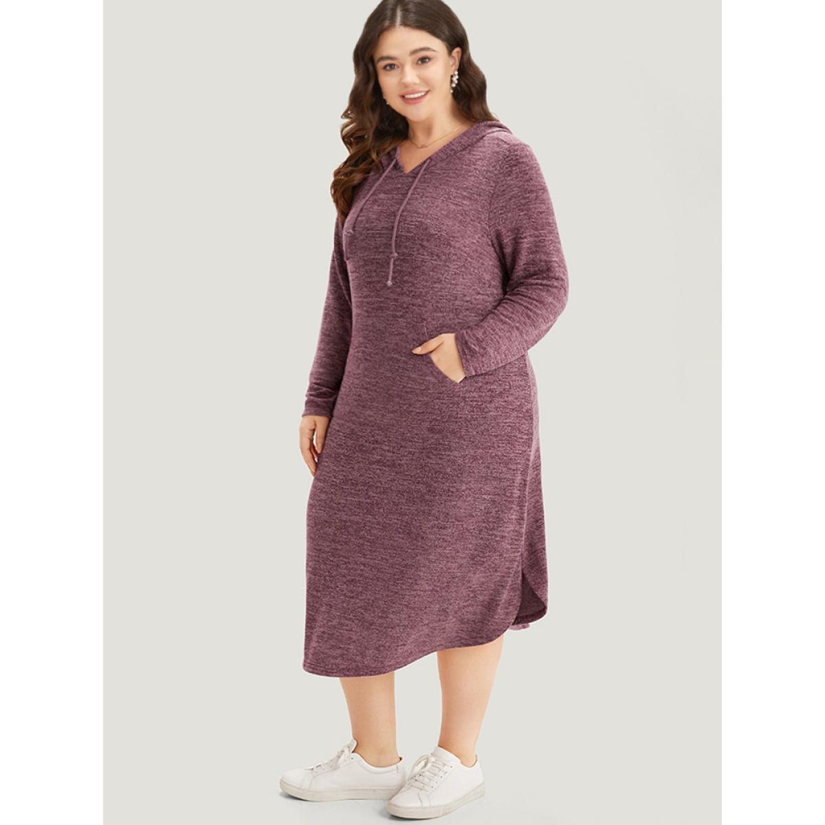 Plus Size Plain Heather Pocket Split Hem Hooded Dress Burgundy Women Casual Plain Hooded Long Sleeve Curvy Midi Dress BloomChic 14-16/1X Product Image