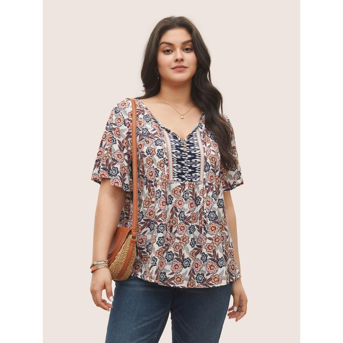 Plus Size Indigo Boho Print Button Detail Ties Blouse Women Resort Short sleeve V-neck Vacation Blouses BloomChic 18-20/2X Product Image