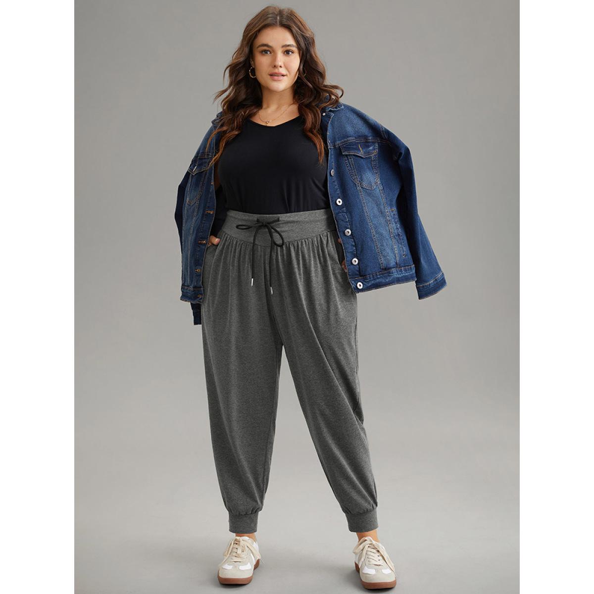 Plus Size Solid Drawstring Elastic Waist Cuffed Pants Women DimGray Casual High Rise Dailywear Pants BloomChic 14-16/1X Product Image