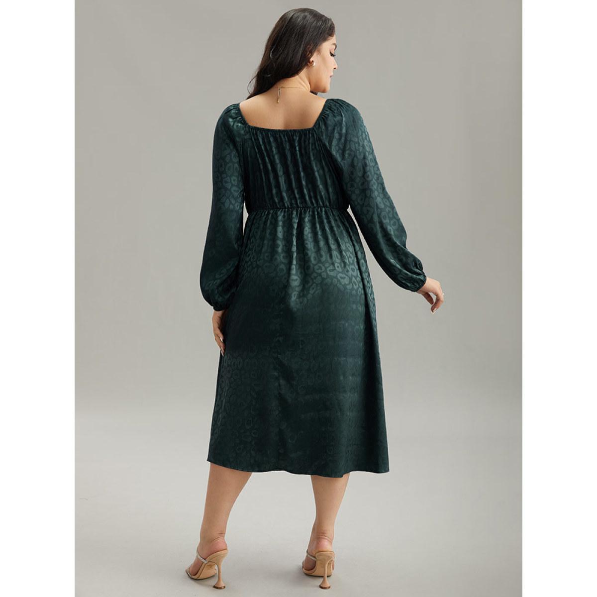 Plus Size Leopard Square Neck Elastic Waist Ties Dress Cyan Women Glamour Elastic cuffs Square Neck Long Sleeve Curvy Midi Dress BloomChic 26/4X Product Image