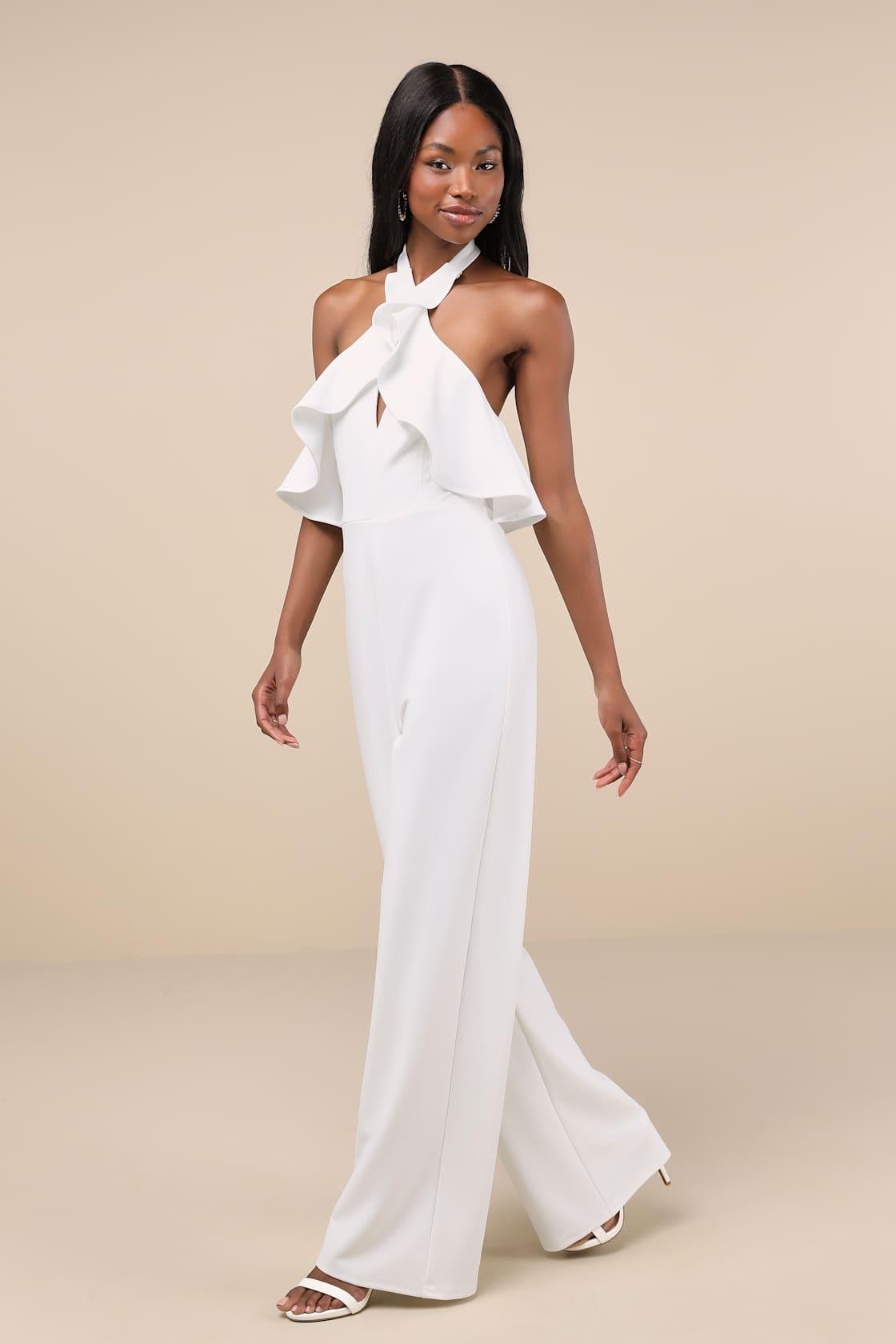 Elegant Flair White Ruffled Wide-Leg Halter Jumpsuit Product Image