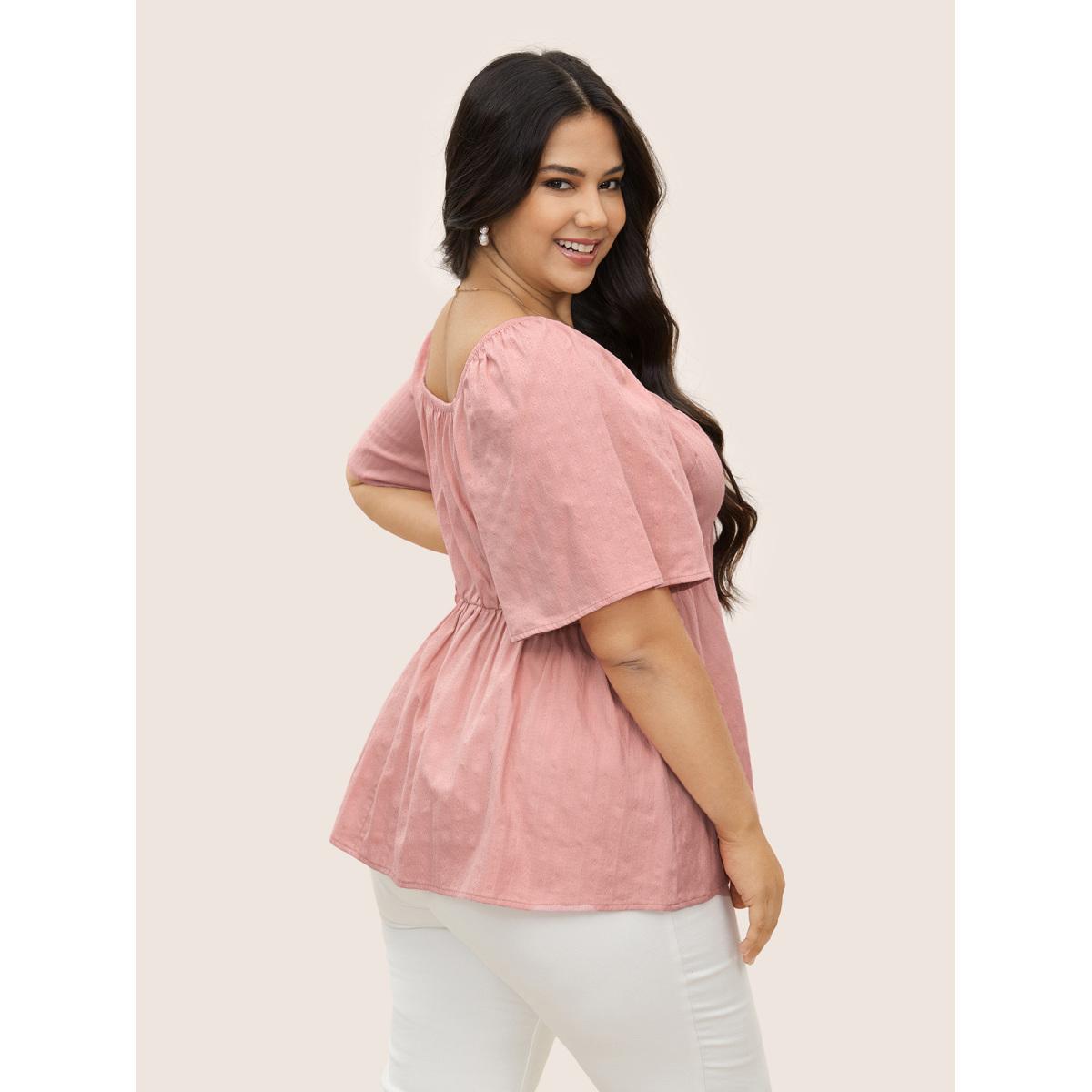Plus Size Rouge Plain Heart Neckline Ruched Ruffle Sleeve Blouse Women Elegant Half Sleeve Heart neckline Everyday Blouses BloomChic 28/5X Product Image