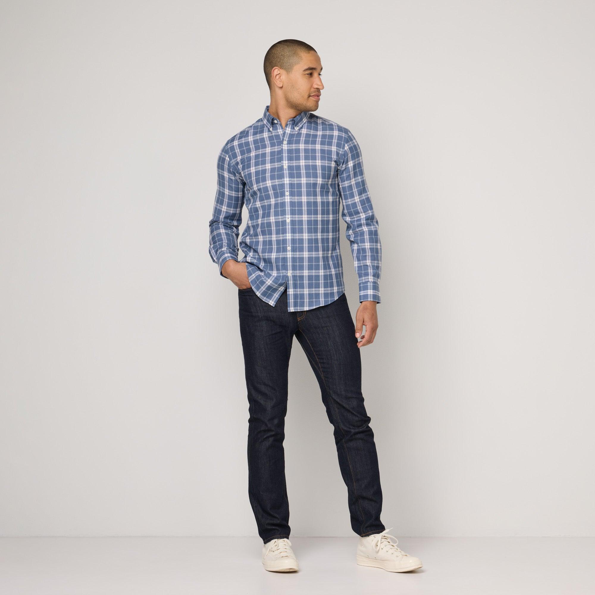 Merino Wool and Linen Button-Down Shirt | Blue & White Plaid Product Image