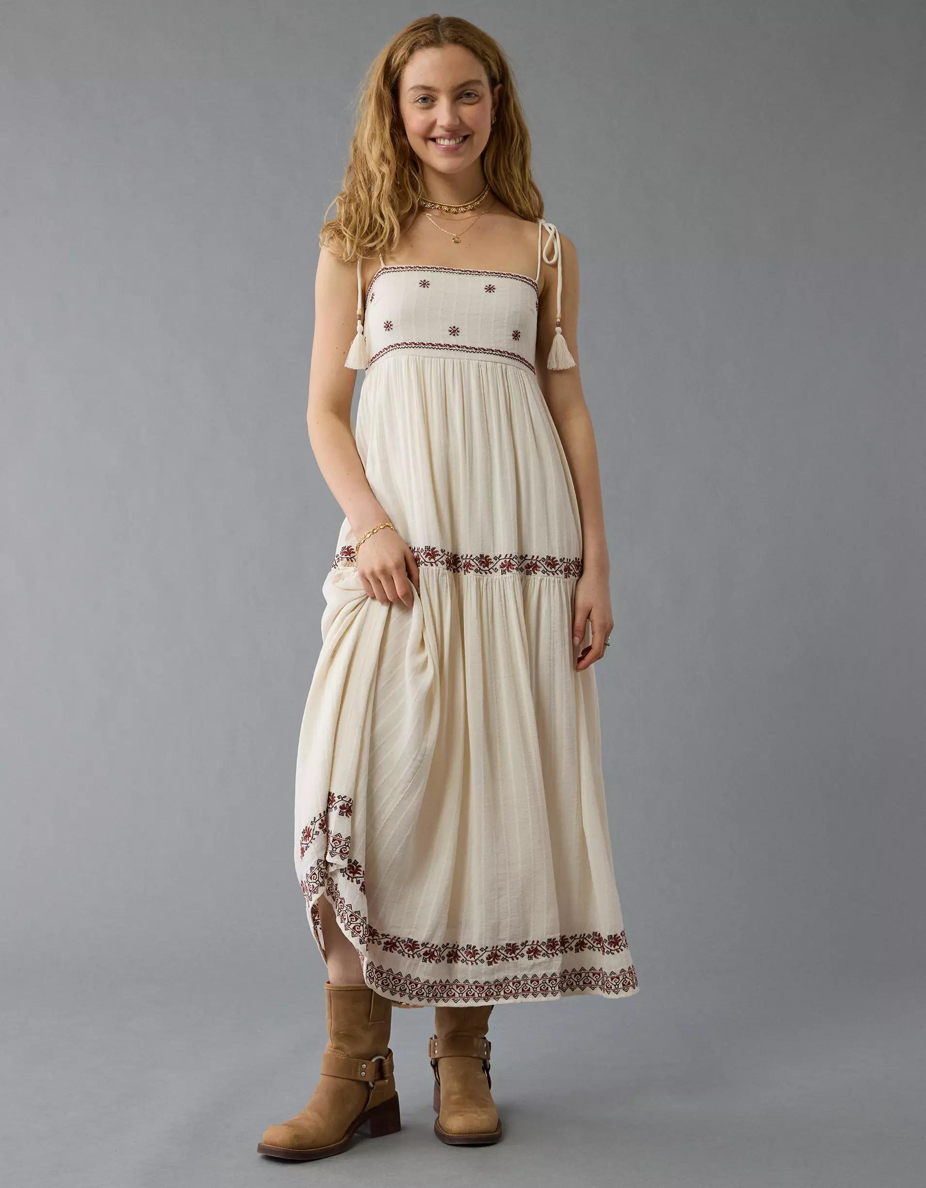 AE Empire Waist Embroidered Midi Dress Product Image