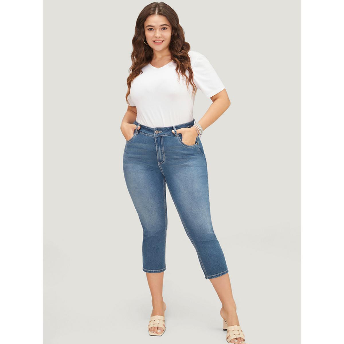 Plus Size Skinny Very Stretchy High Rise Medium Wash Cropped Jeans Women Indigo Casual Plain High stretch Side seam pocket Jeans BloomChic 20/2X Product Image