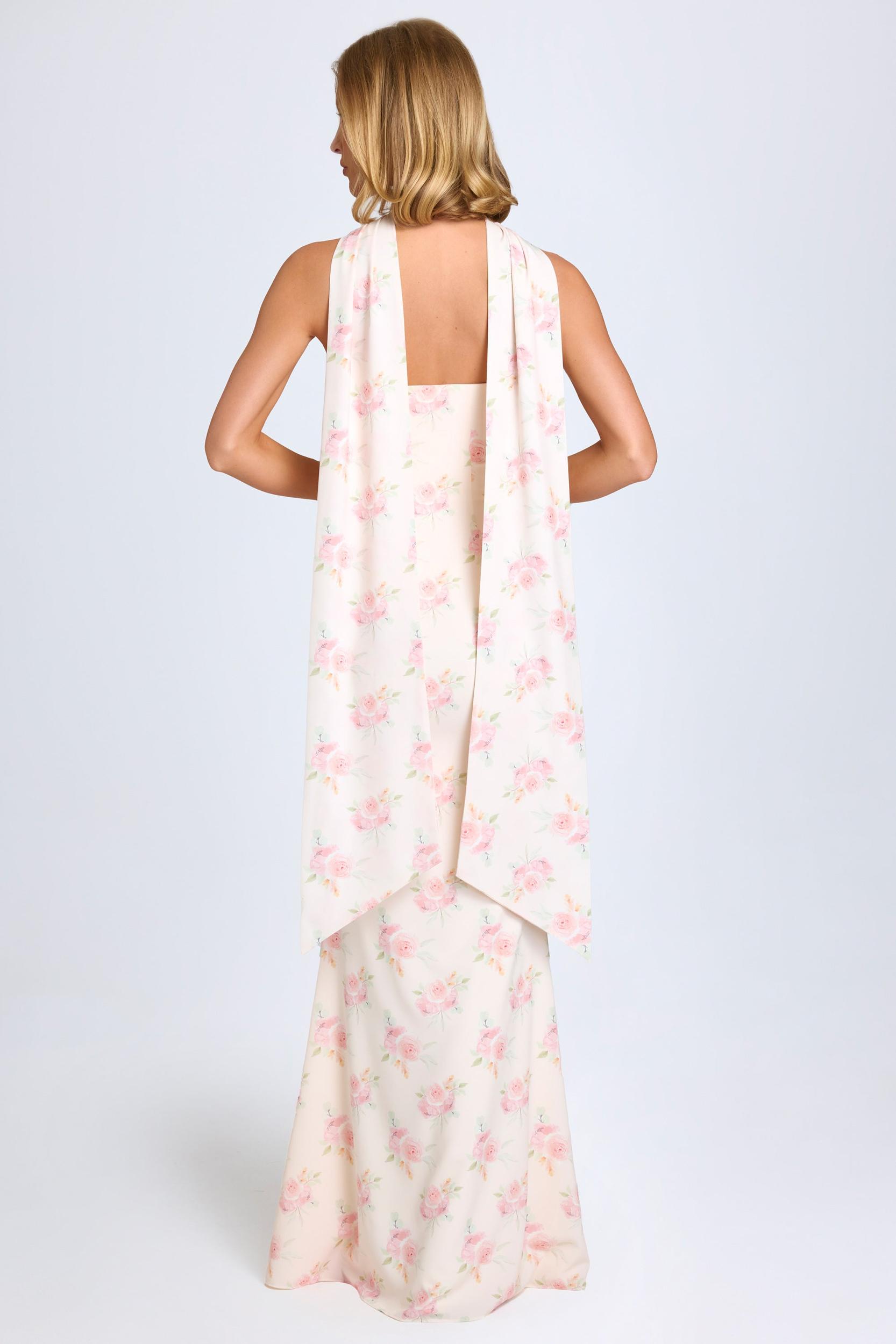 Scarf-Detail Strapless Gown in Large Rose Print Product Image