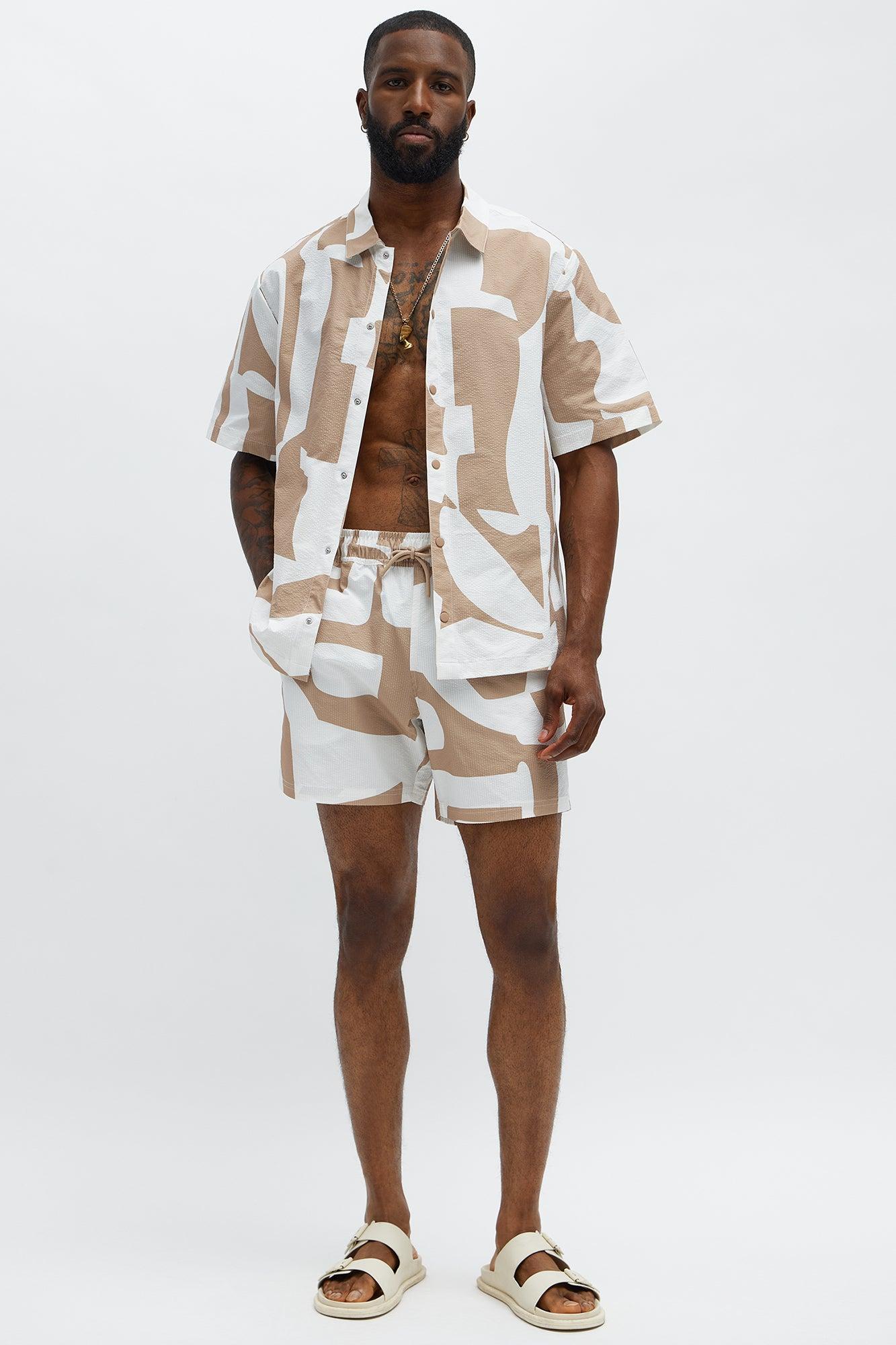 Seersucker Abstract Geo Printed Swim Trunk 6″ - Tan/Multi Male Product Image