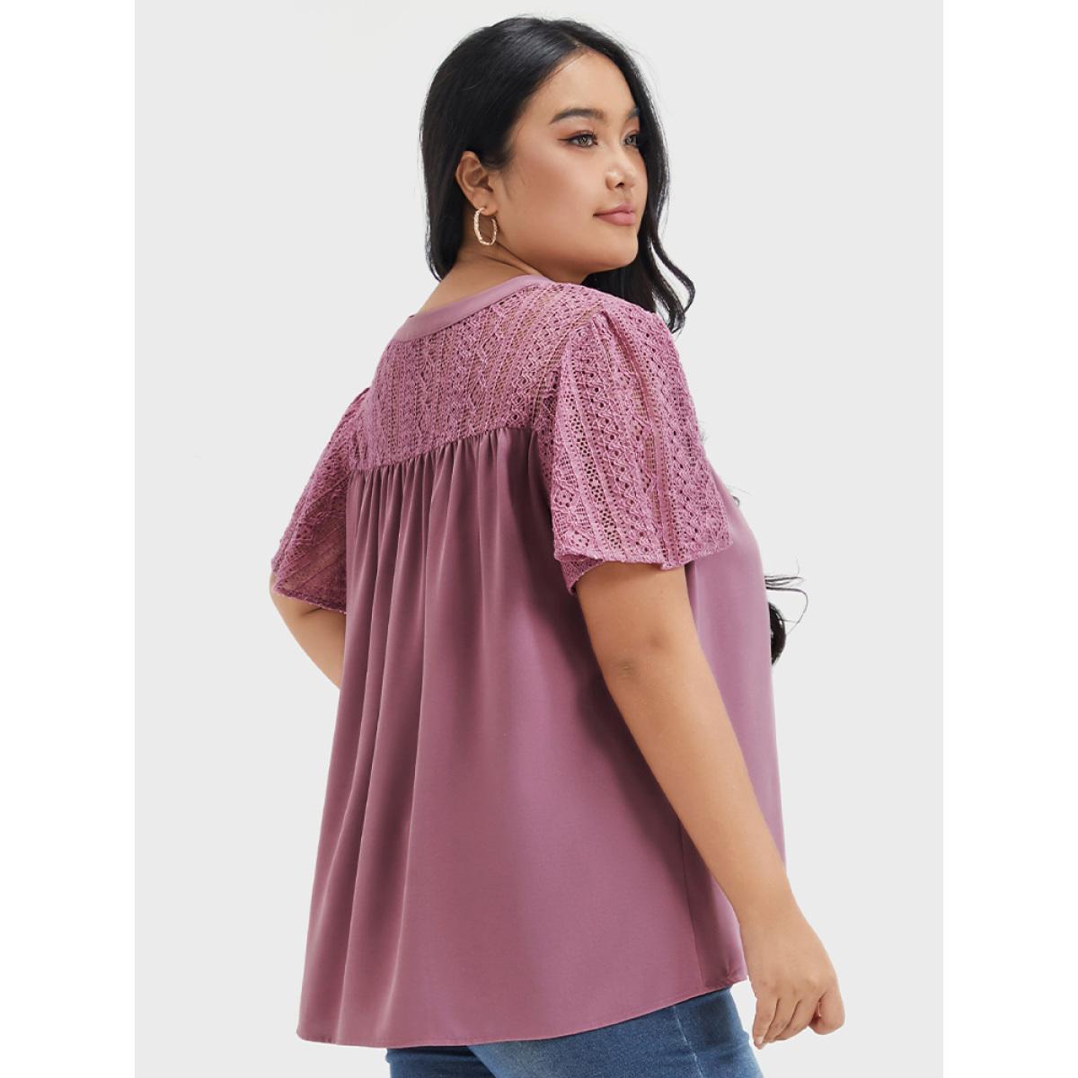 Plus Size DustyPink Plain Contrast Lace Ruffles Button V Neck Blouse Women Casual Short sleeve V-neck Dailywear Blouses BloomChic 22-24/3X Product Image