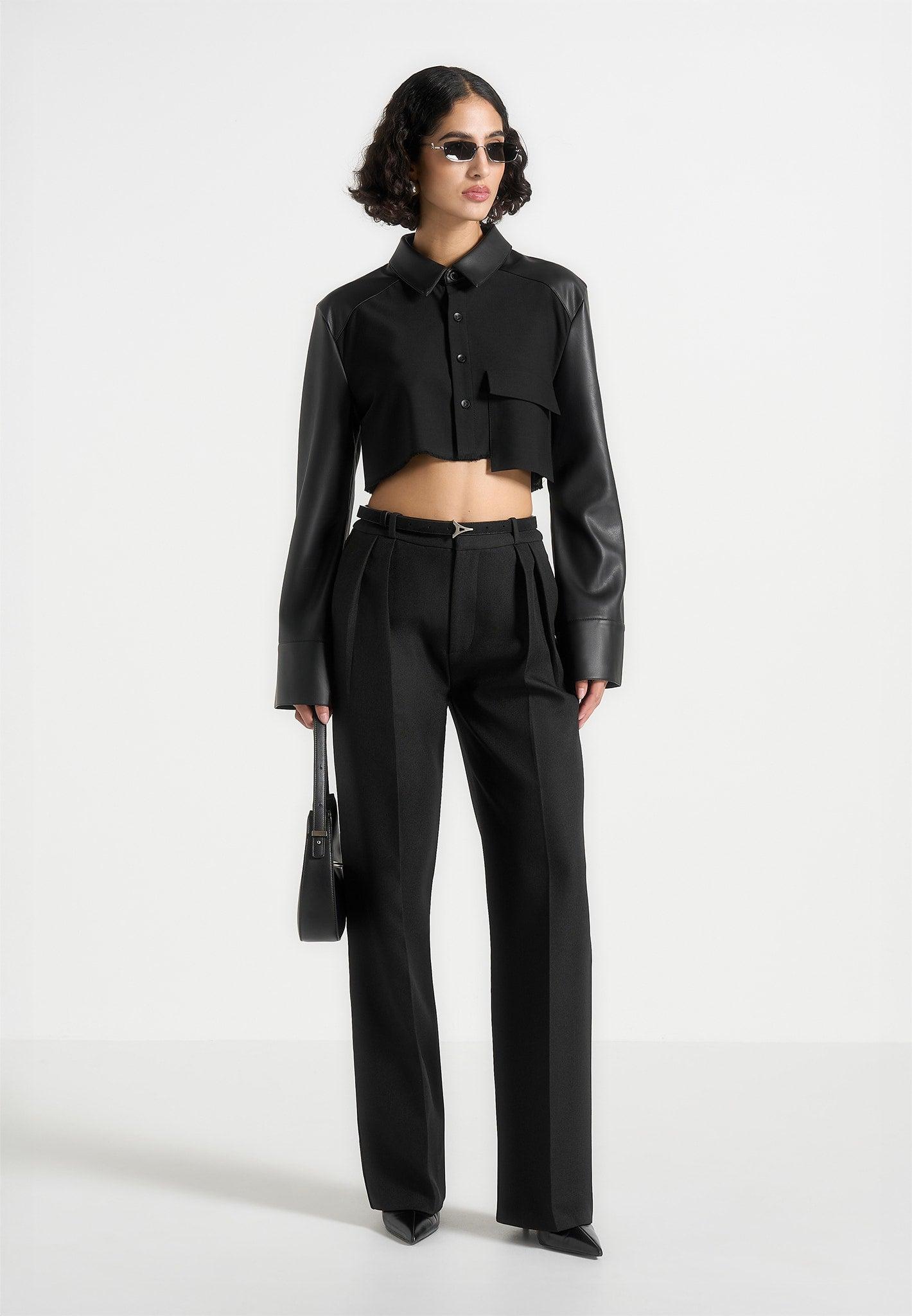 Bernadette - Leather Contrast Cropped Shirt - Black Female Product Image