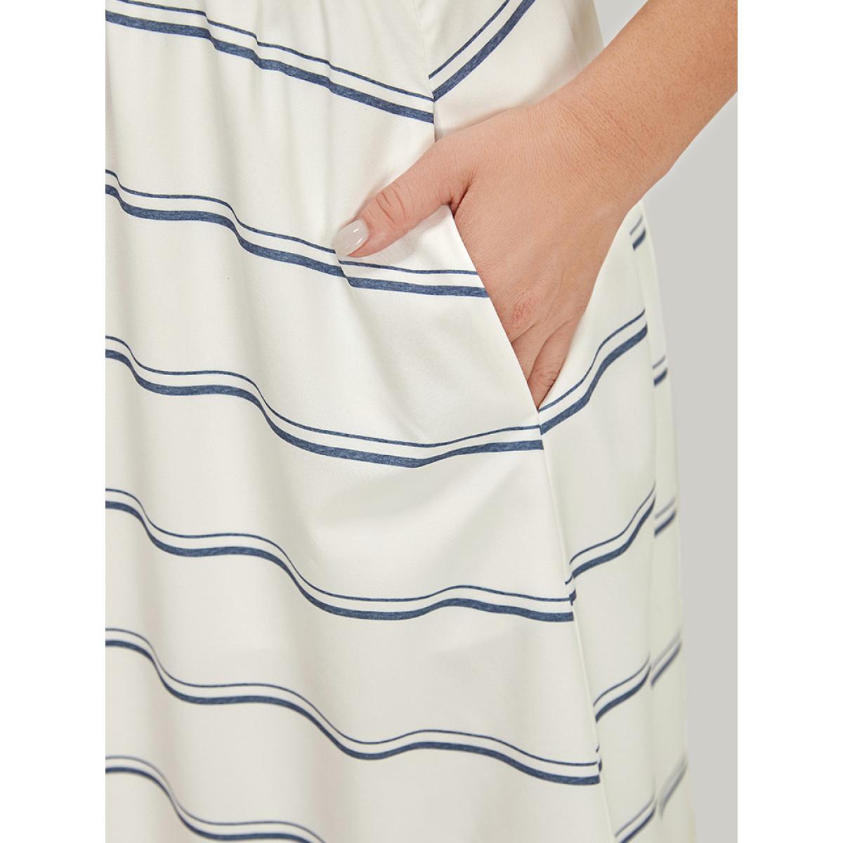 Plus Size Striped Notched Neck Pocket Roll Batwing Sleeve Dress White Women Office Lined Notched collar Short sleeve Curvy Midi Dress BloomChic 10/M Product Image