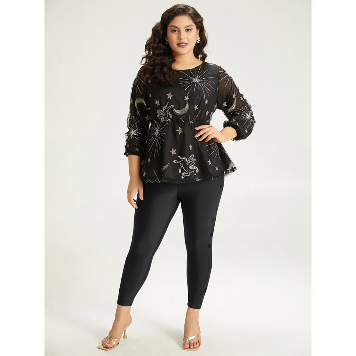 Plus Size Halloween Plain Texture Patchwork Elastic Waist Skinny Leggings Women Black Elegant High stretch Skinny High Rise Festival-Halloween Leggings BloomChic 14-16/1X Product Image