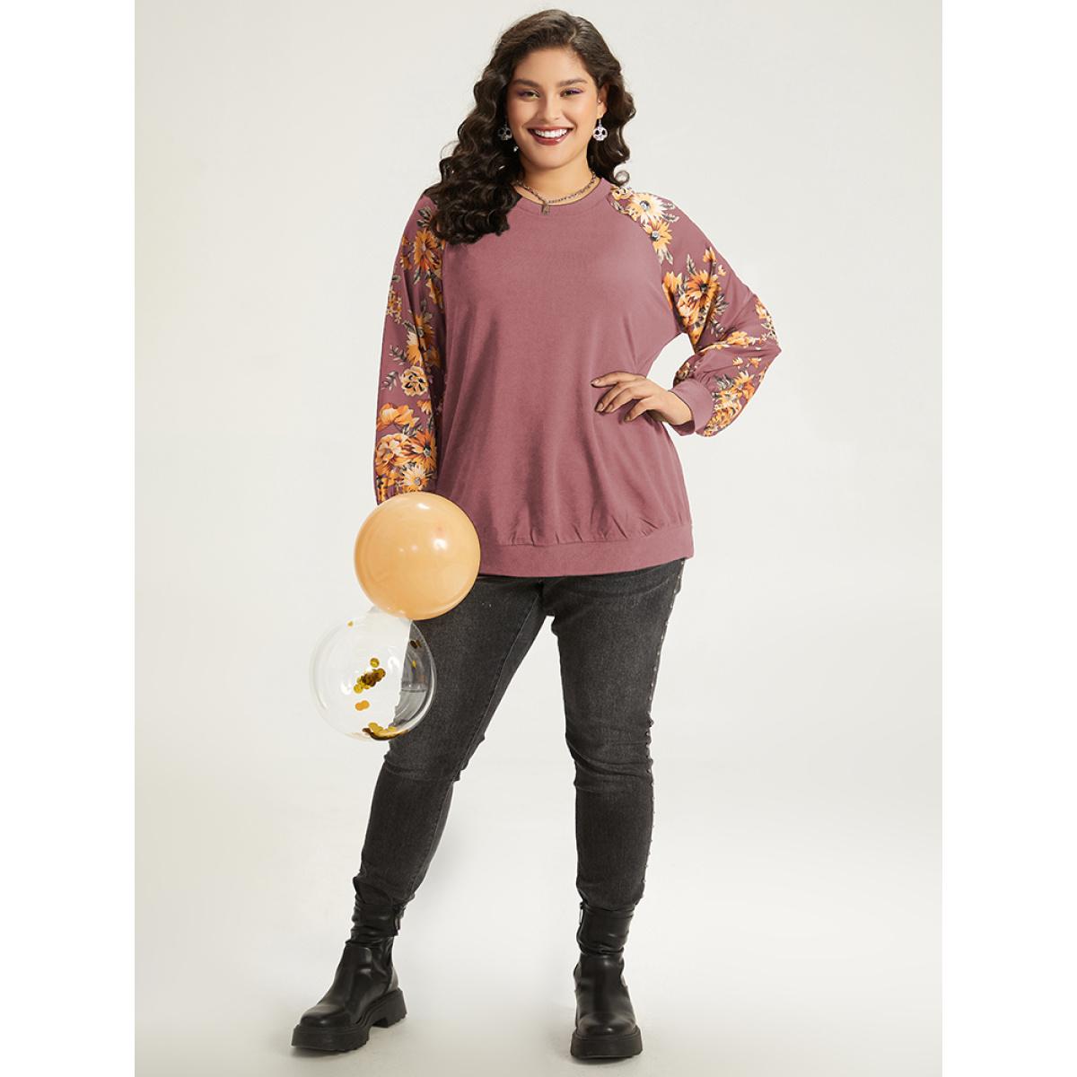 Plus Size Halloween Floral Patchwork Print Raglan Sleeve Sweatshirt Women DustyPink Casual Elastic cuffs Round Neck Festival-Halloween Sweatshirts BloomChic 30/6X Product Image