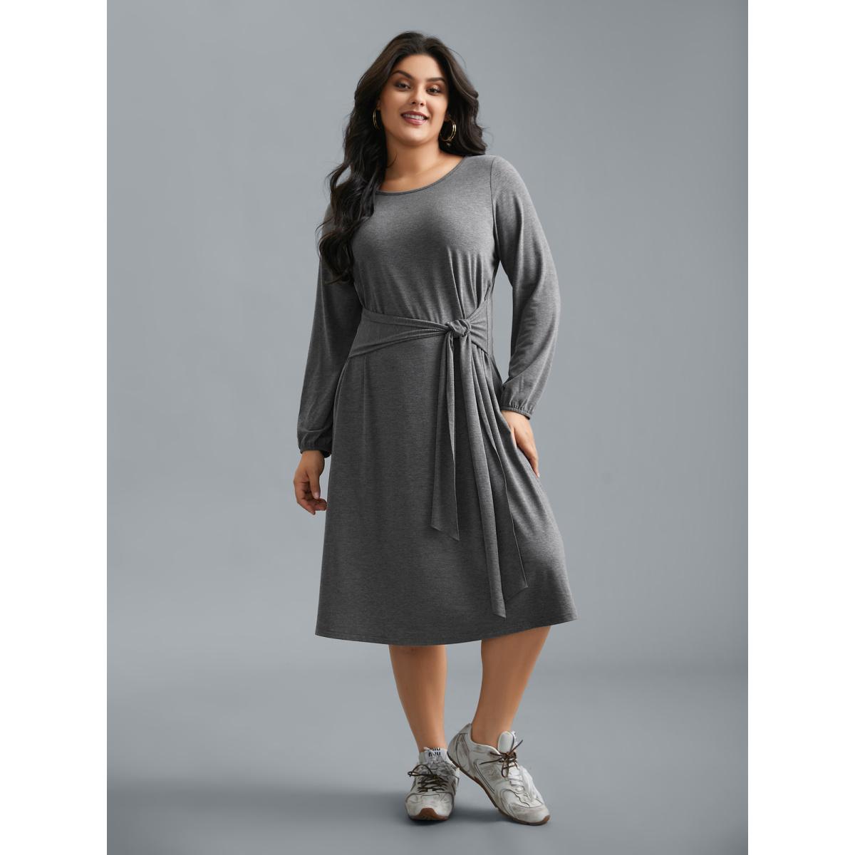 Plus Size Stretchy Waist-Tie Plain Knit Dress DimGray Women Casual Tie knot Knit Dresses Bloomchic 22-24/3X Product Image