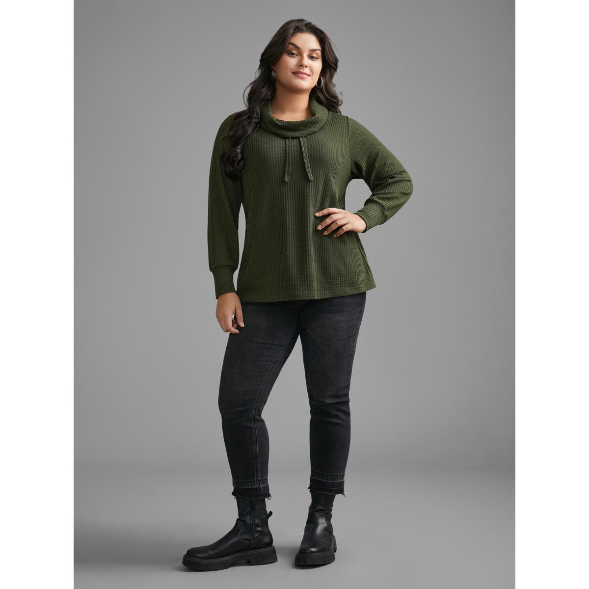 Plus Size Waffle Knit Turtleneck Drawstring T-shirt ArmyGreen Women Casual Texture Ruffled collar Everyday T-shirts BloomChic 30/6X Product Image