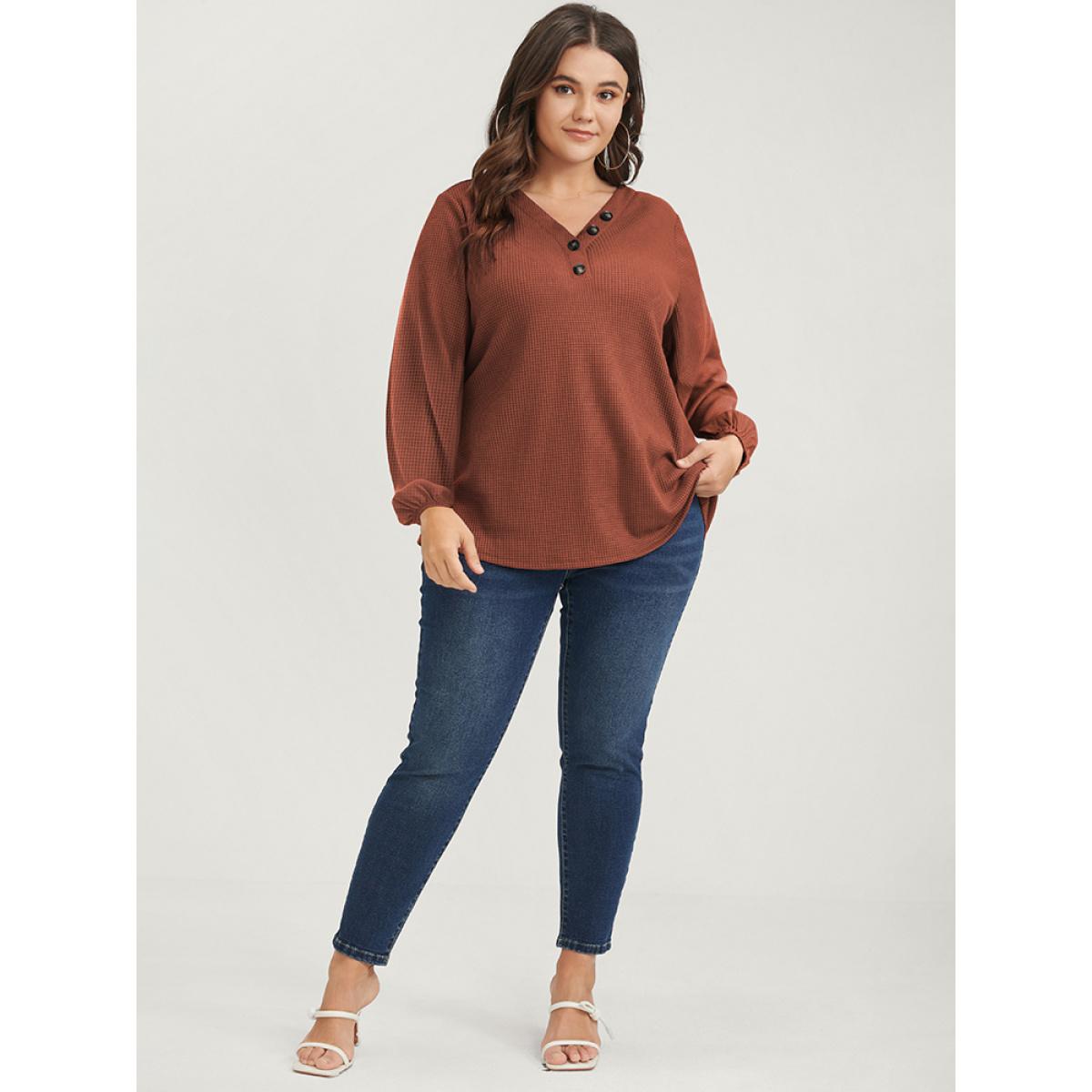 Plus Size Solid Lantern Sleeve Button V Neck Waffle Knit Long Tee Chocolate Women Casual Button Plain V-neck Dailywear T-shirts BloomChic 30/6X Product Image