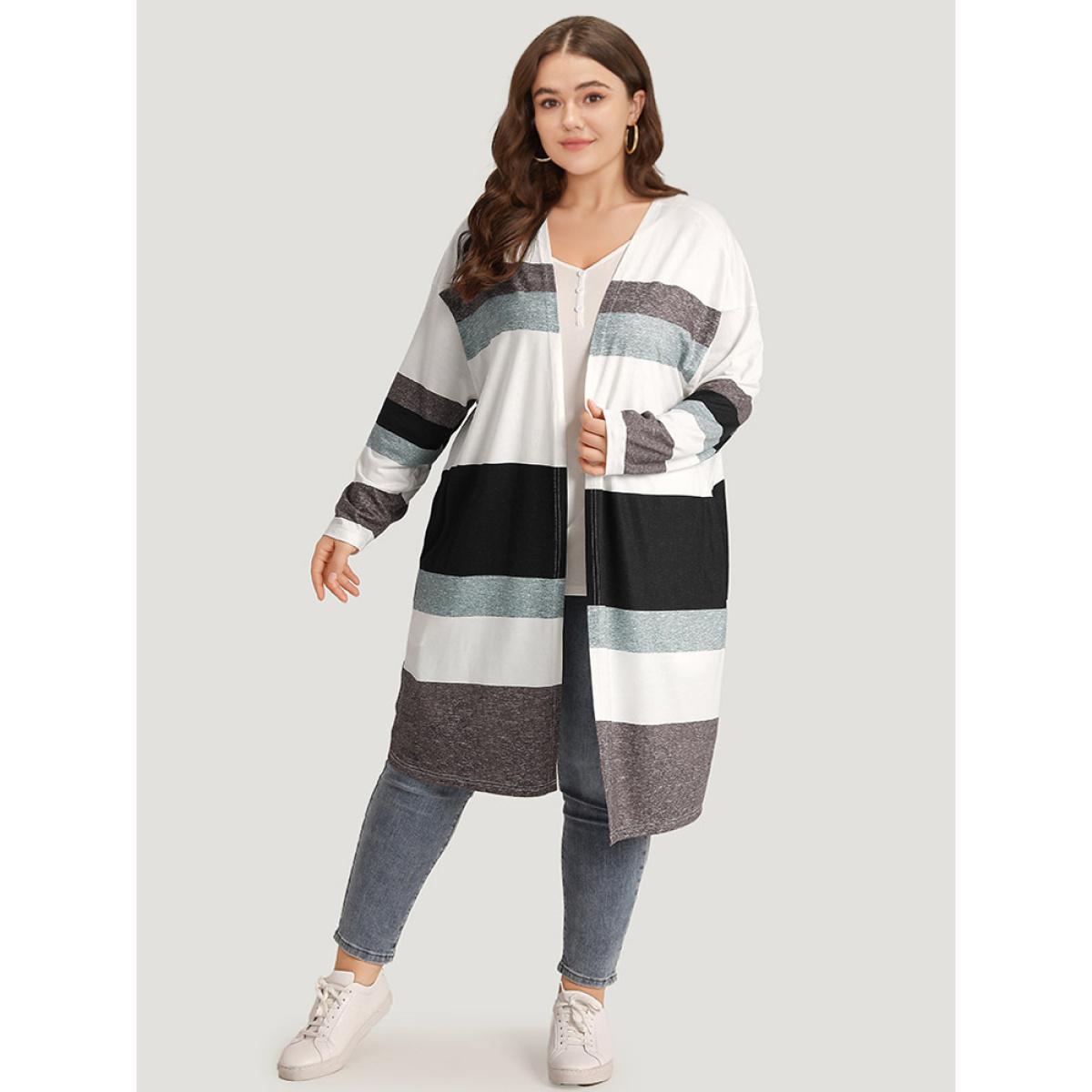 Plus Size Striped Contrast Pocket Open Front Kimono Women Multicolor Casual Contrast Loose Pocket Everyday Kimonos BloomChic 18-20/2X Product Image