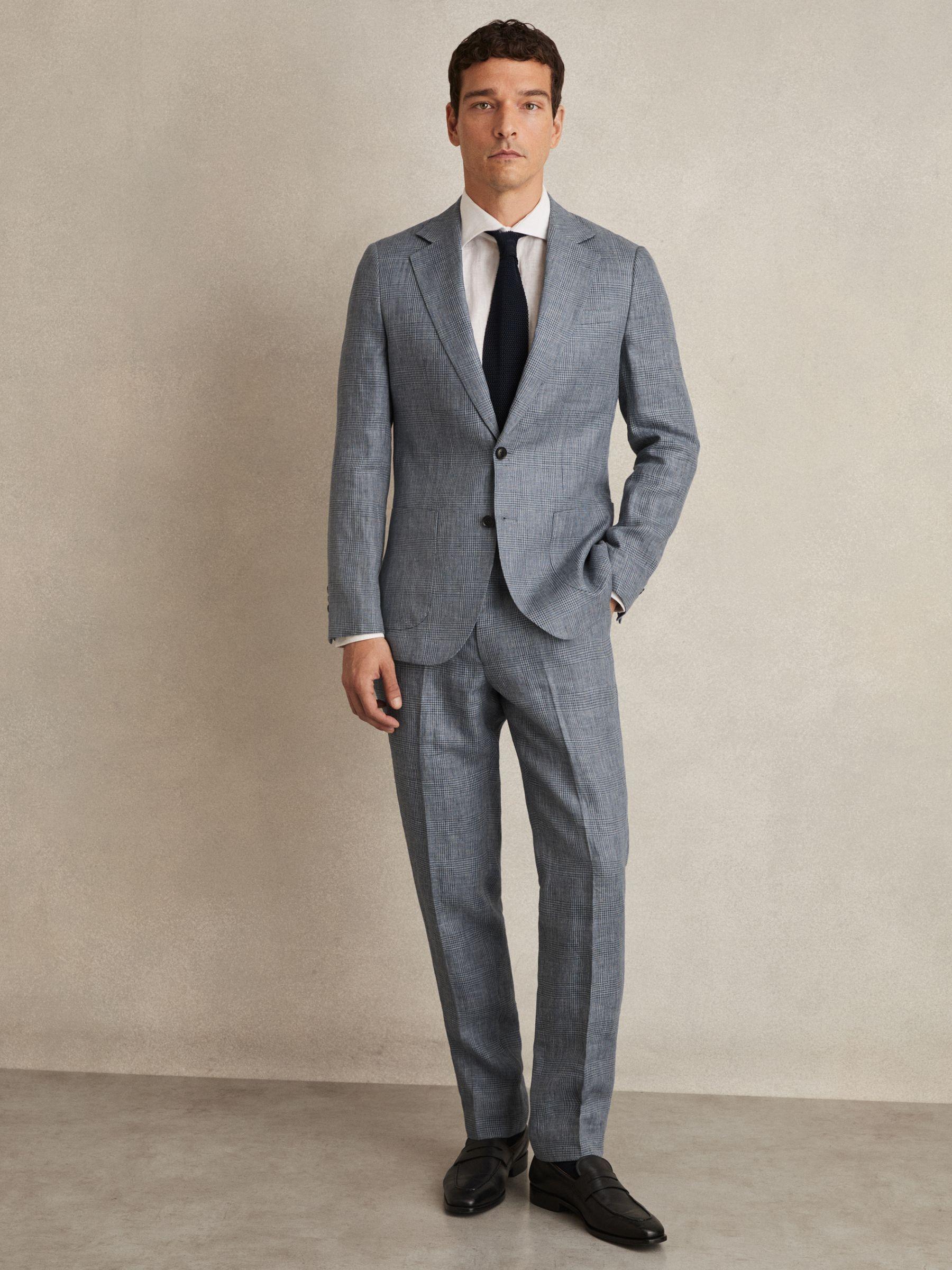 Slim Fit Single Breasted Linen Check Suit Blazer in Soft Blue Product Image