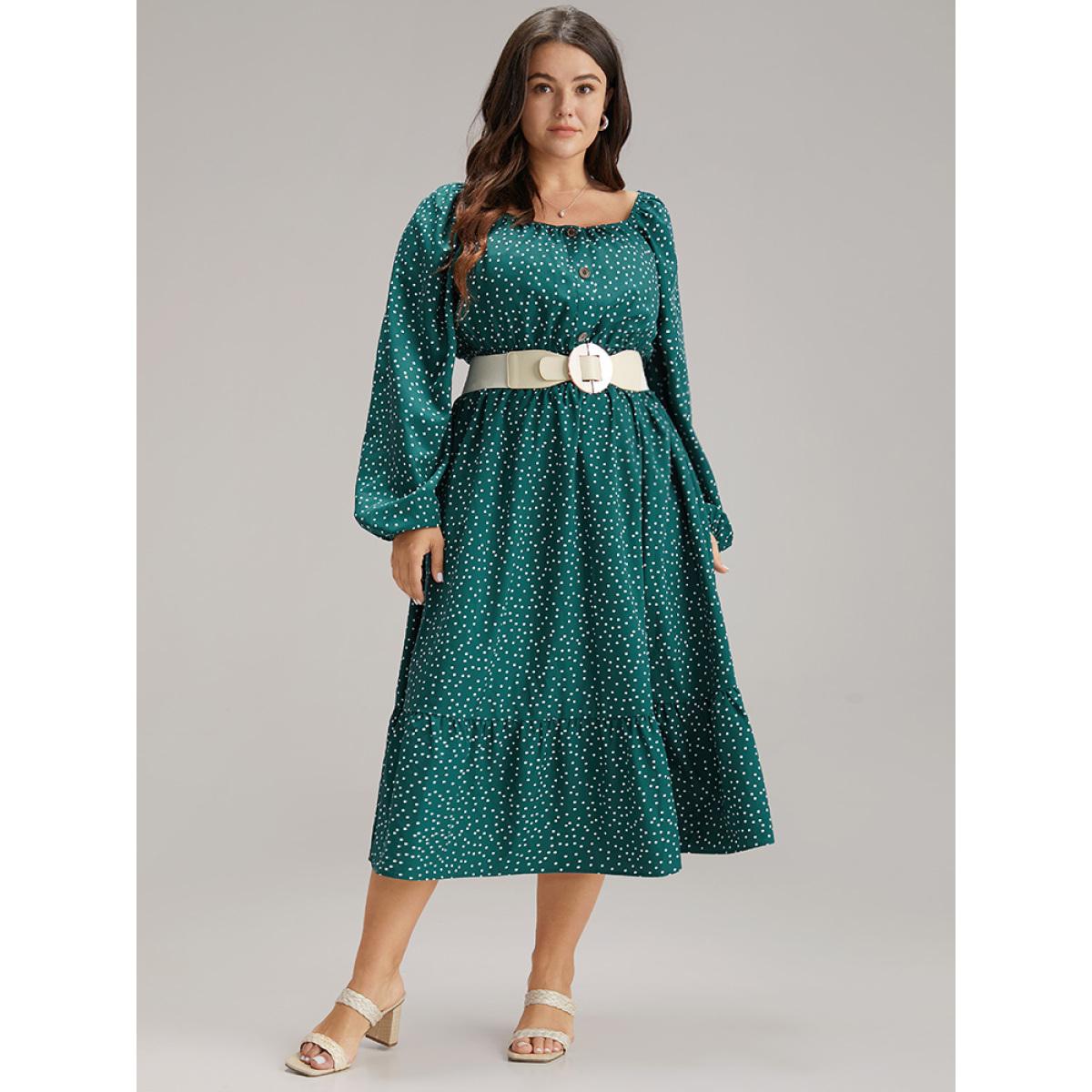 Plus Size Polka Dot Square Neck Shirred Button Detail Dress Teal Women Elegant Elastic cuffs Square Neck Long Sleeve Curvy Midi Dress BloomChic 30/6X Product Image