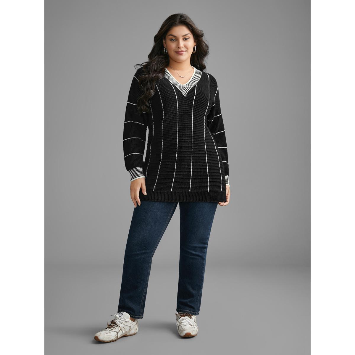 Plus Size Texture Contrast Striped Lantern Sleeve Pullover Black Women Casual Loose Long Sleeve V-neck Everyday Pullovers BloomChic 18-20/2X Product Image
