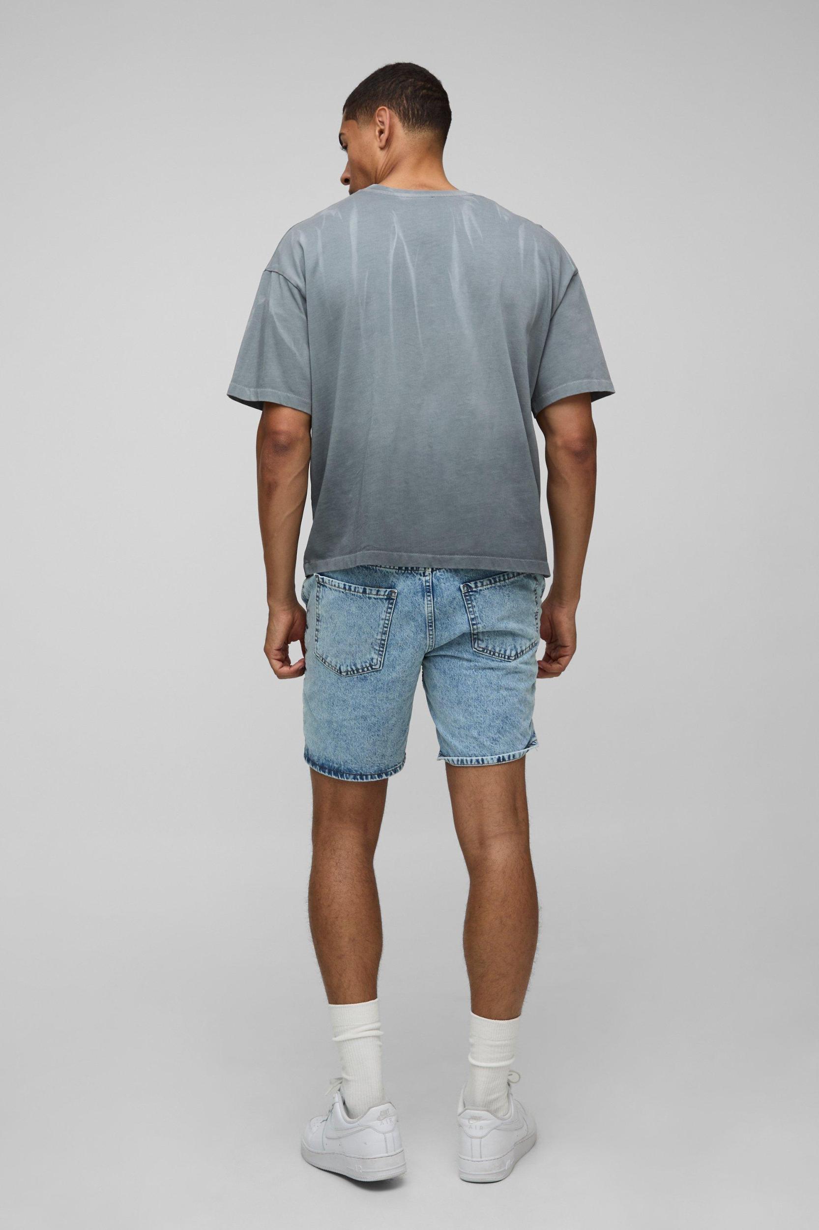 Slim Fit Ripped Biker Ice Blue Denim Shorts | boohooMAN USA Product Image