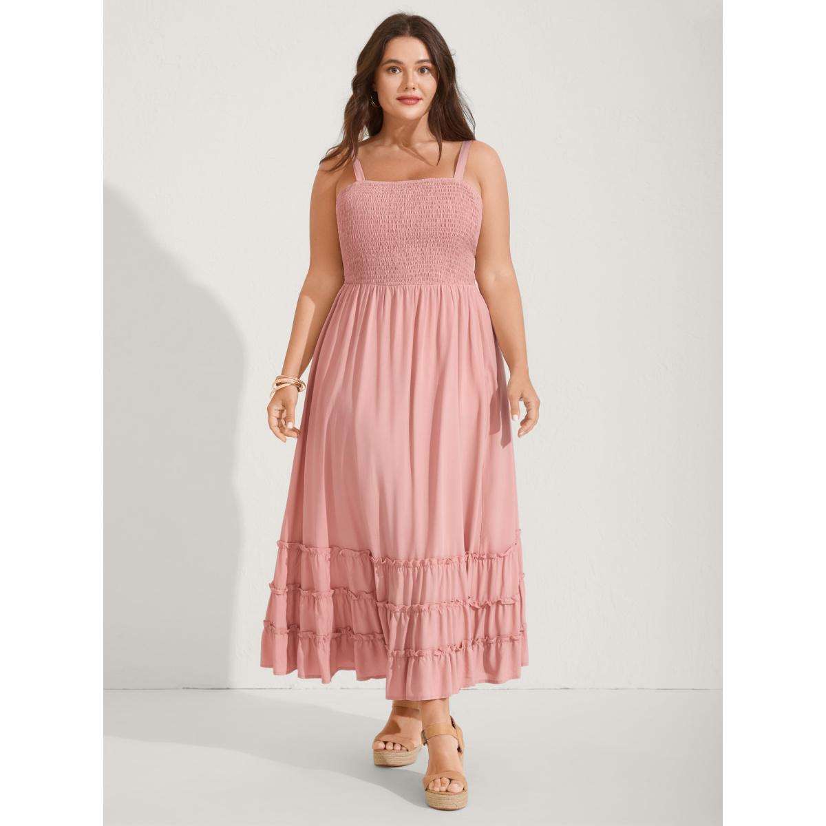 Plus Size Rayon Shirred Bodice Solid Midi Dress Crepe Women Square Neck Sleeveless Curvy BloomChic 14-16/1X Product Image