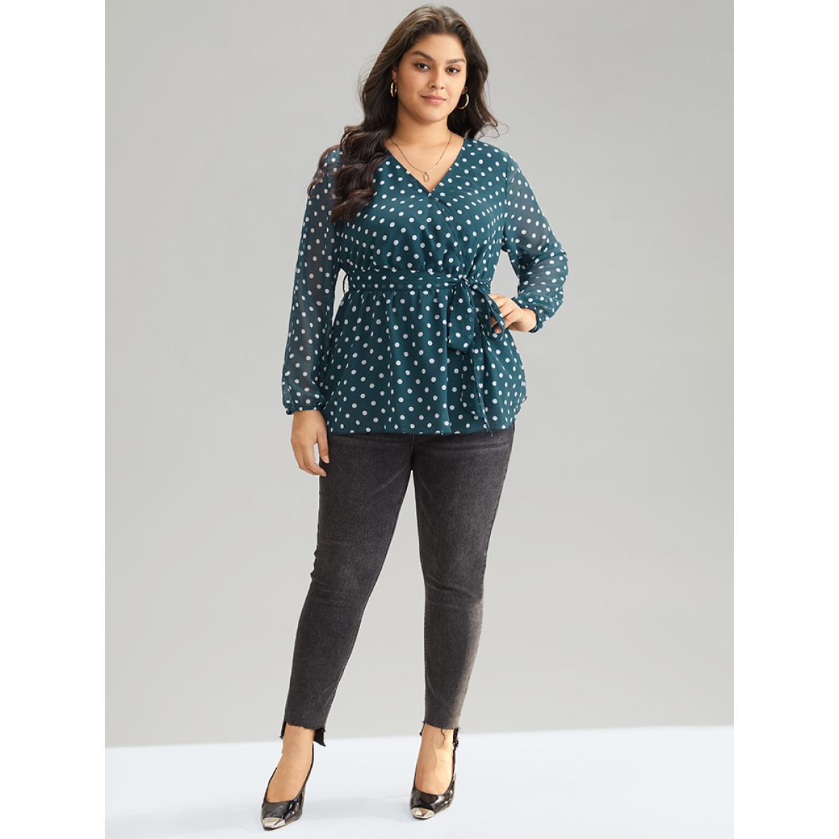 Plus Size Cerulean Polka Dot Belted Wrap Mesh Patchwork Blouse Women Elegant Long Sleeve Overlap Collar Party Blouses BloomChic 30/6X Product Image