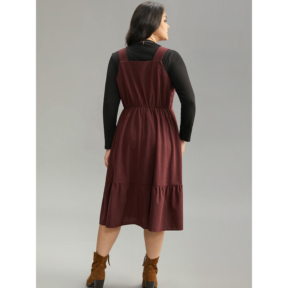 Plus Size Corduroy Button Detail Ruffles Adjustable Straps Dress Chocolate Women Casual Adjustable Straps Spaghetti Strap Sleeveless Curvy Midi Dress BloomChic 22-24/3X Product Image