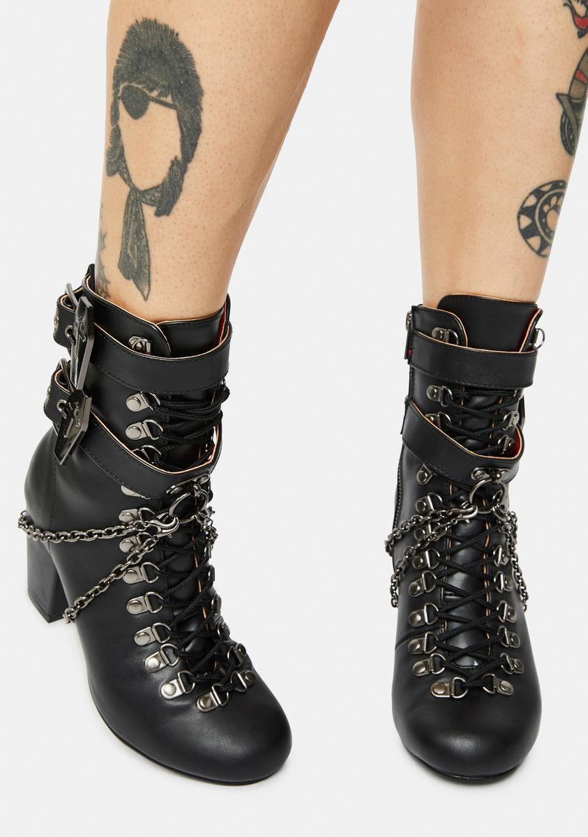 Demonia Vivika 128 Coffin Strap Chain Lace Up Boots Product Image