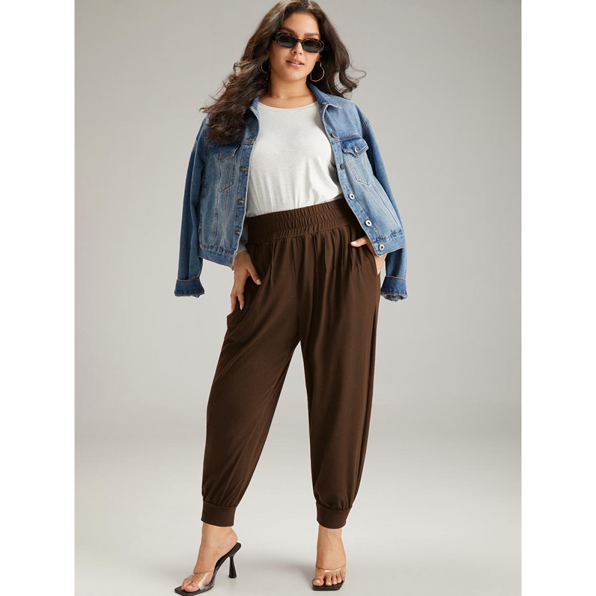 Solid Shirred Pocket Harem Sweatpants DarkBrown Plus Size Women Casual Dailywear Tummy control 12/L Bloomchic Product Image