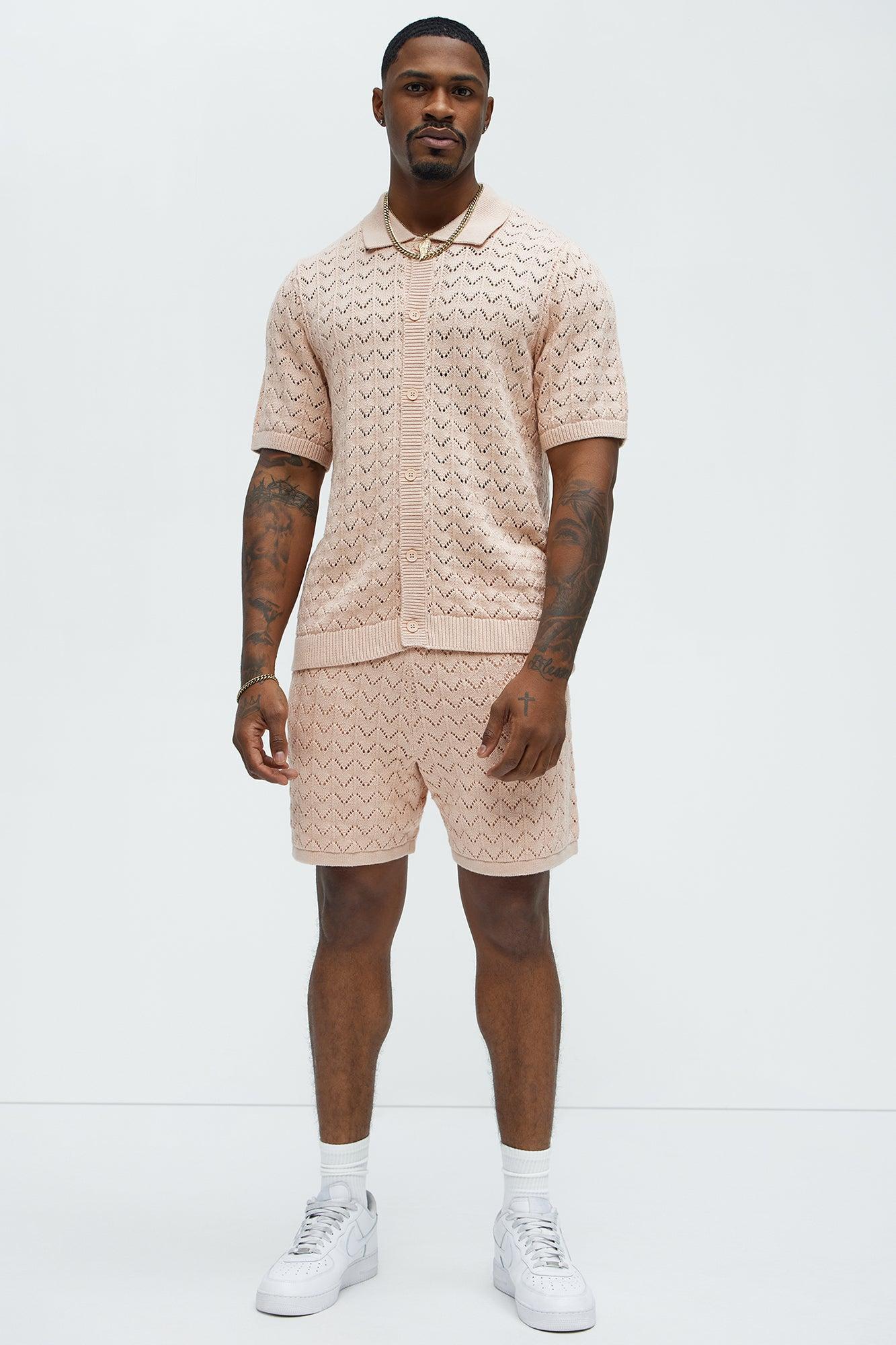 Waterfall Texture Open Knit Shorts - Mauve Product Image