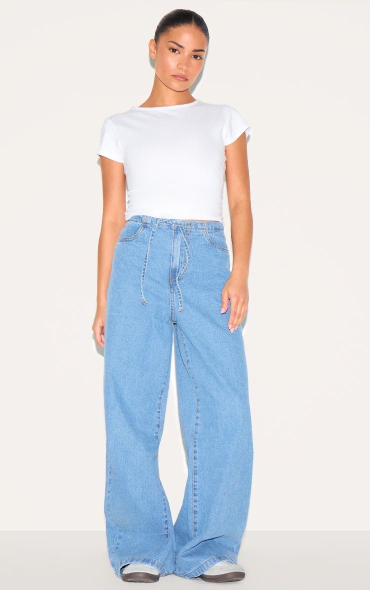 Petite Mid Blue Wash Low Rise Tie Waistband Wide Leg Jeans Product Image
