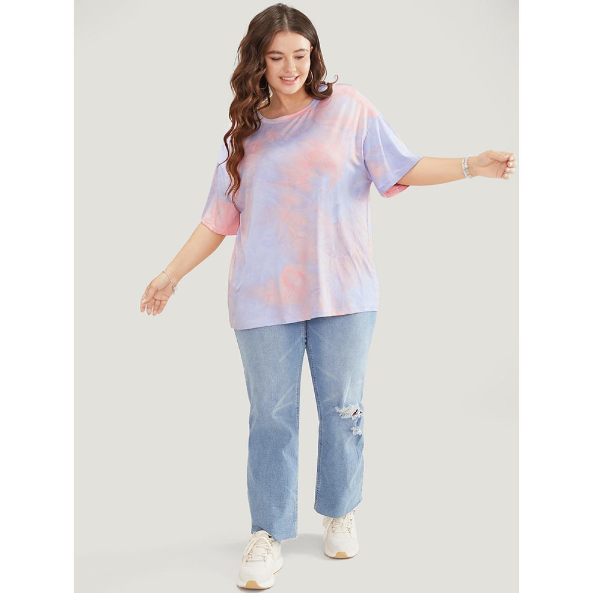 Plus Size Tie Dye Round Neck Half Sleeve T-shirt Pink Women Casual Tie Dye Tie Dye Round Neck Dailywear T-shirts BloomChic 26/4X Product Image