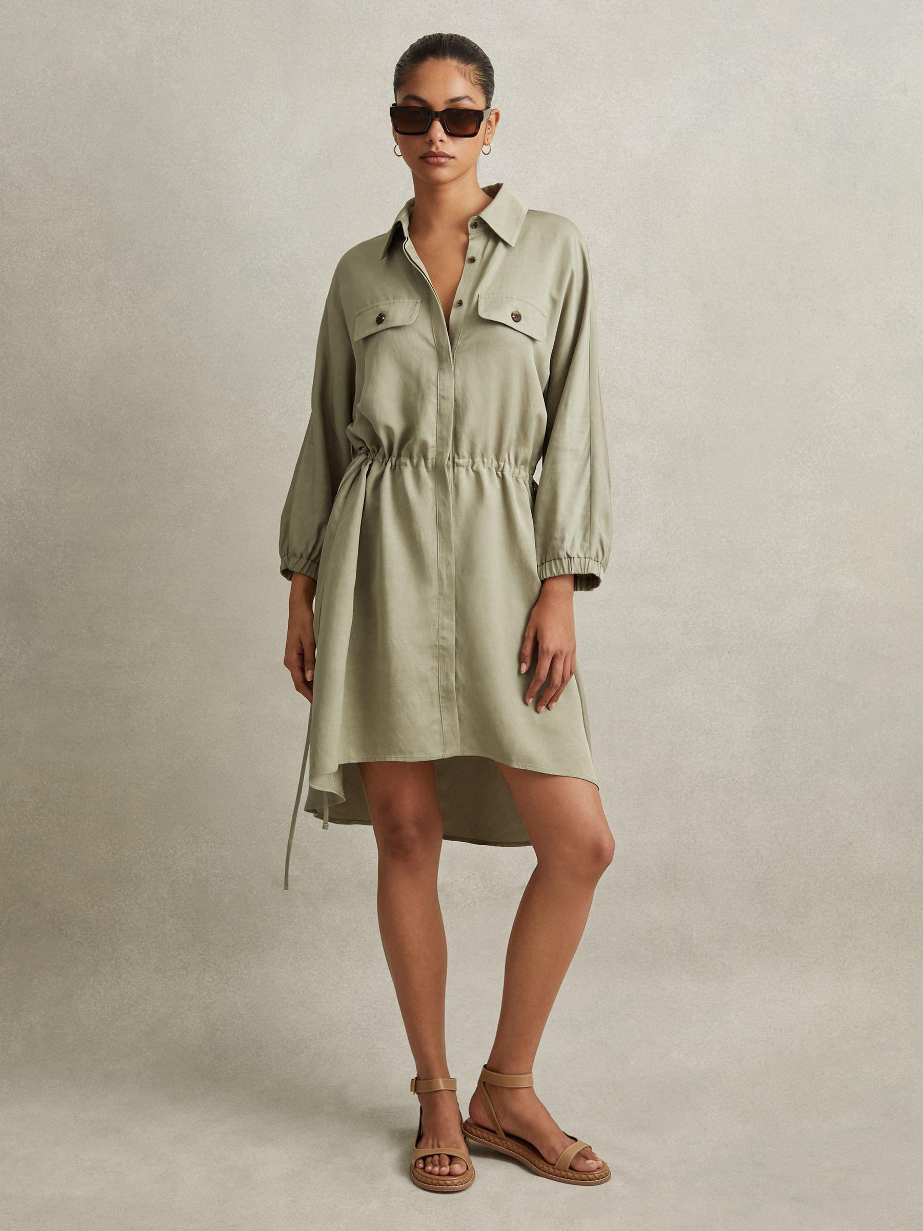Viscose-Linen Tie Waist Mini Dress in Green Product Image