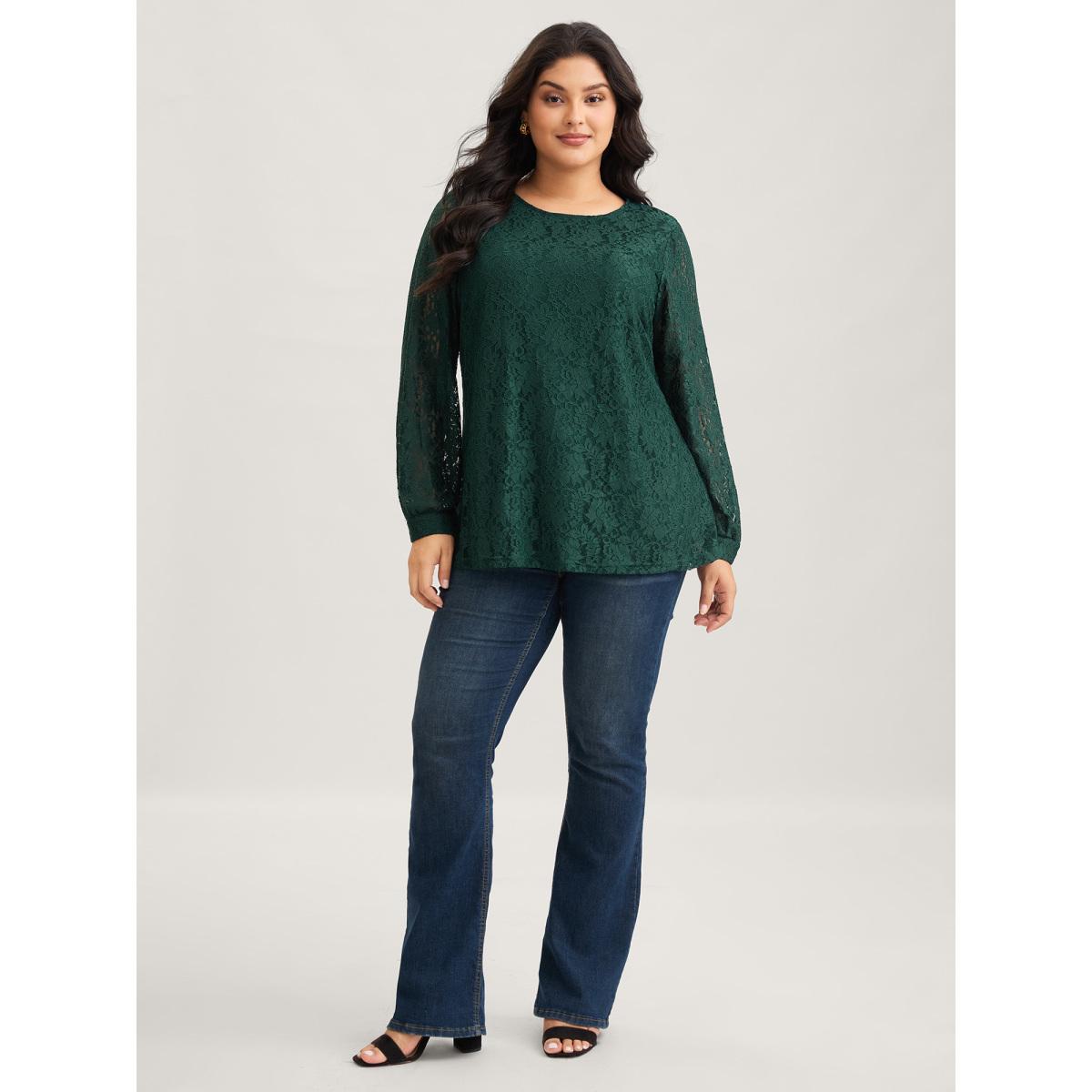 Plus Size DarkGreen Solid Crochet Lace Mesh Crew Neck Blouse Women Timeless Long Sleeve Round Neck Elegant Blouses BloomChic 14-16/1X Product Image