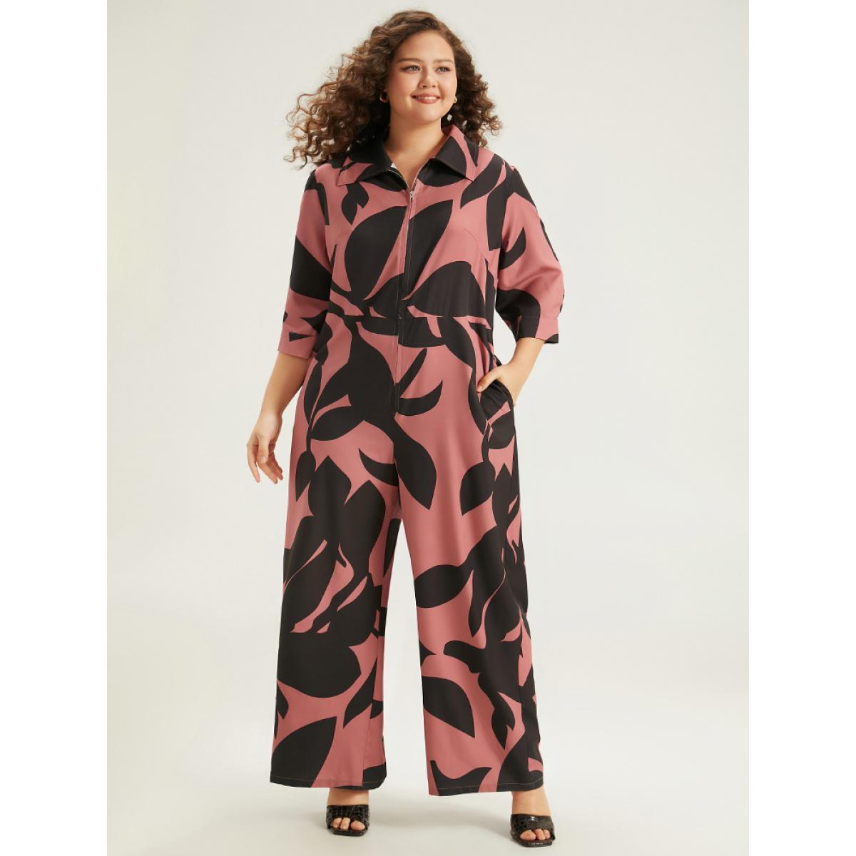 Plus Size DustyPink Silhouette Floral Print Zipper Belted Jumpsuit Women Elegant Elbow-length sleeve Shirt collar Everyday Loose Jumpsuits BloomChic 10/M Product Image