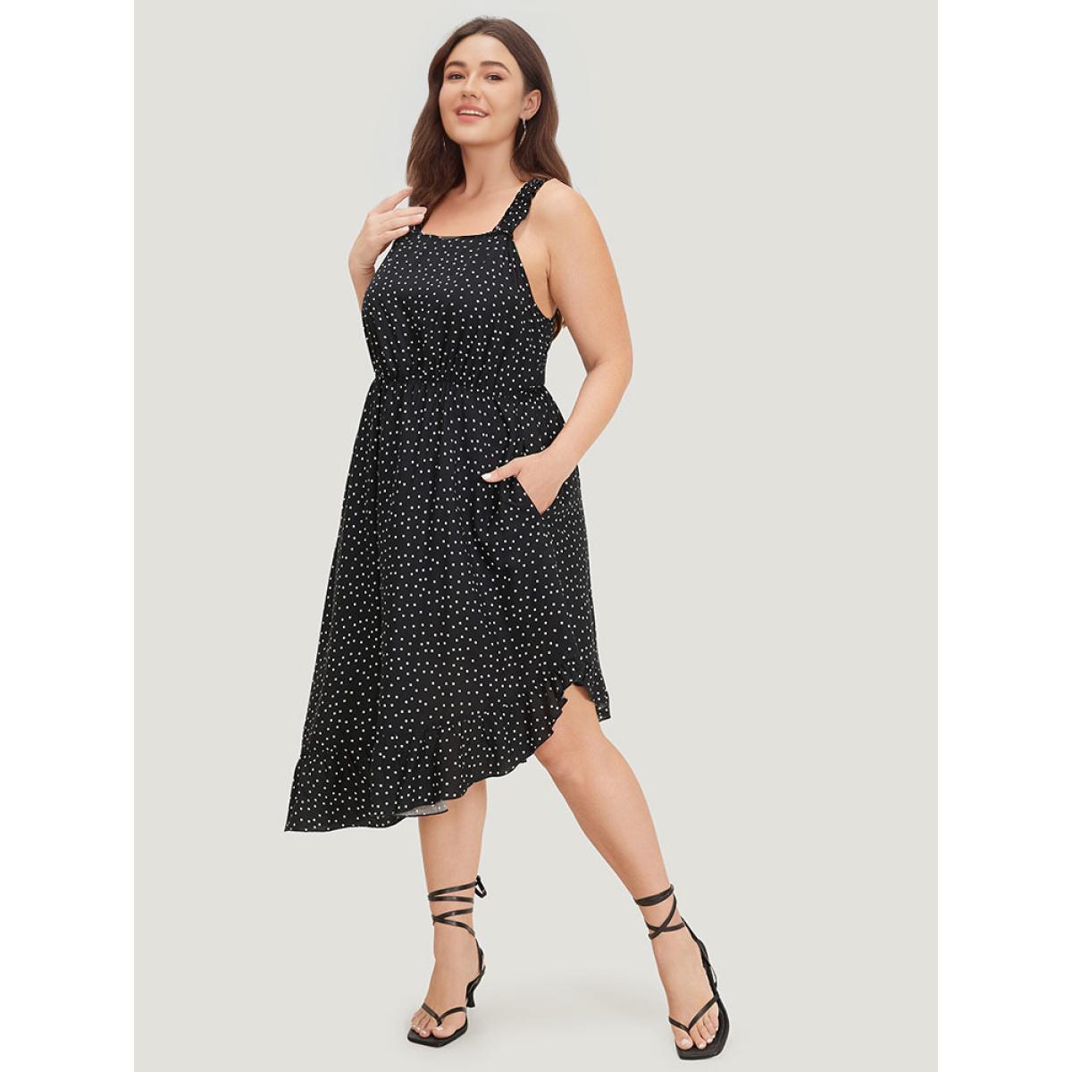 Plus Size Polka Dot Square Neck Ruffle Asymmetrical Hem Cami Dress Black Women Elegant Gathered Spaghetti Strap Sleeveless Curvy Midi Dress BloomChic 14-16/1X Product Image