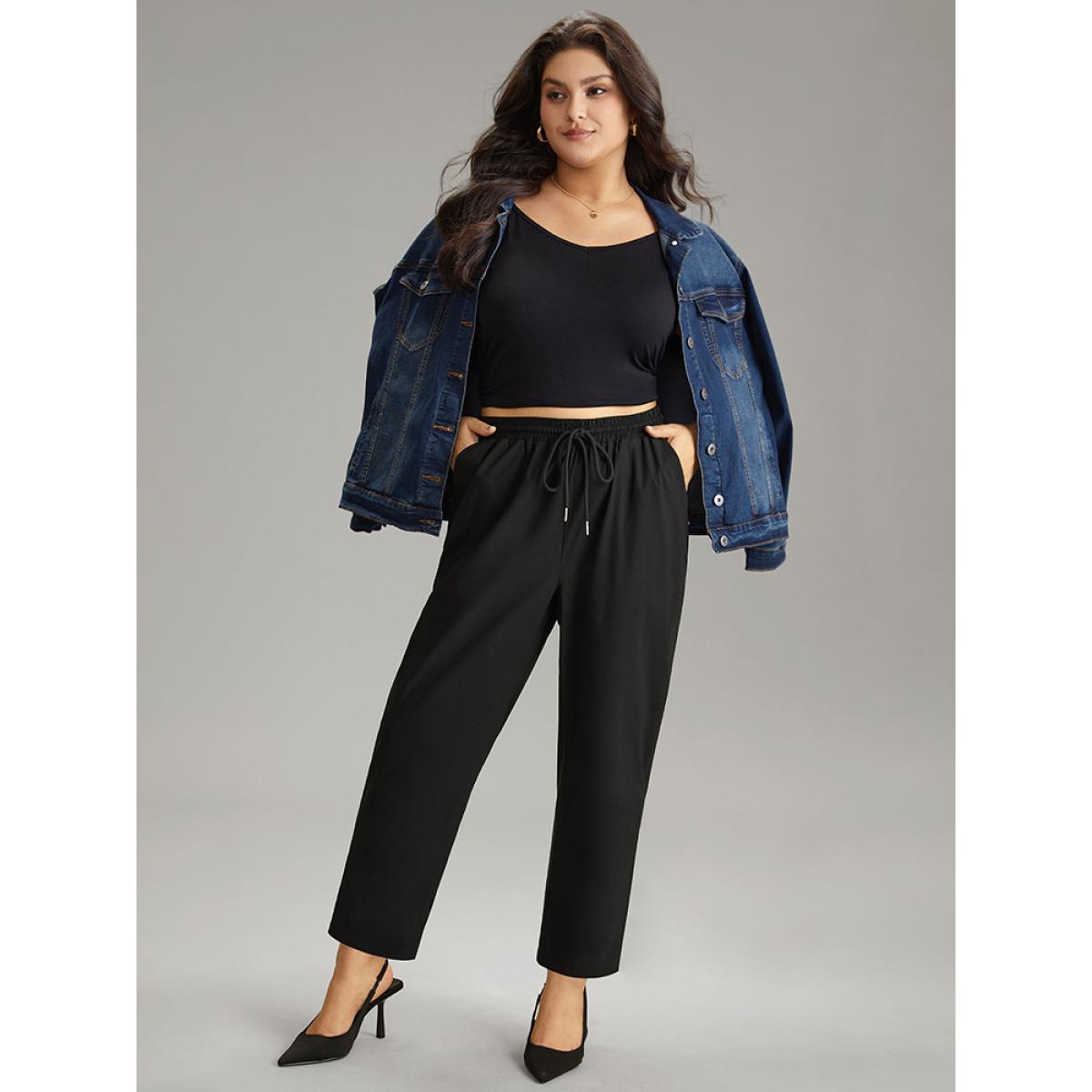 Plus Size Solid Drawstring Pocket Elastic Waist Pants Women Black Casual Straight Leg High Rise Dailywear Pants BloomChic 10/M Product Image