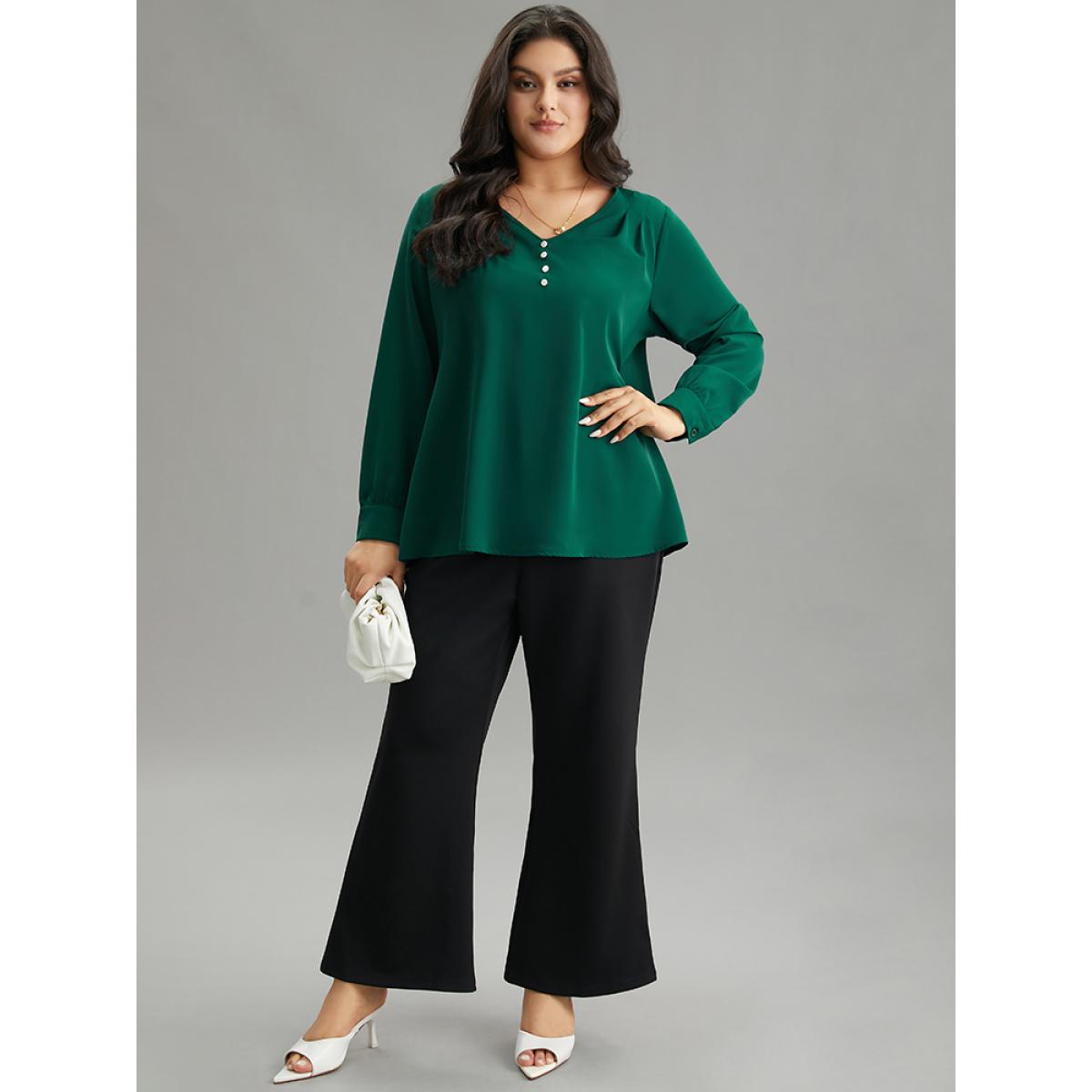 Plus Size DarkGreen Static-Free Button Detail Pleated Blouse Women Office Long Sleeve V-neck Office Blouses BloomChic 18-20/2X Product Image
