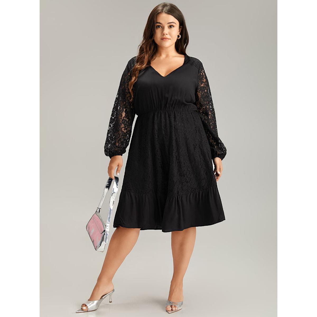 Plus Size Lace Panel Mesh Flutter Hem Dress Black Women Elegant Elastic cuffs V-neck Long Sleeve Curvy Midi Dress BloomChic 14-16/1X Product Image