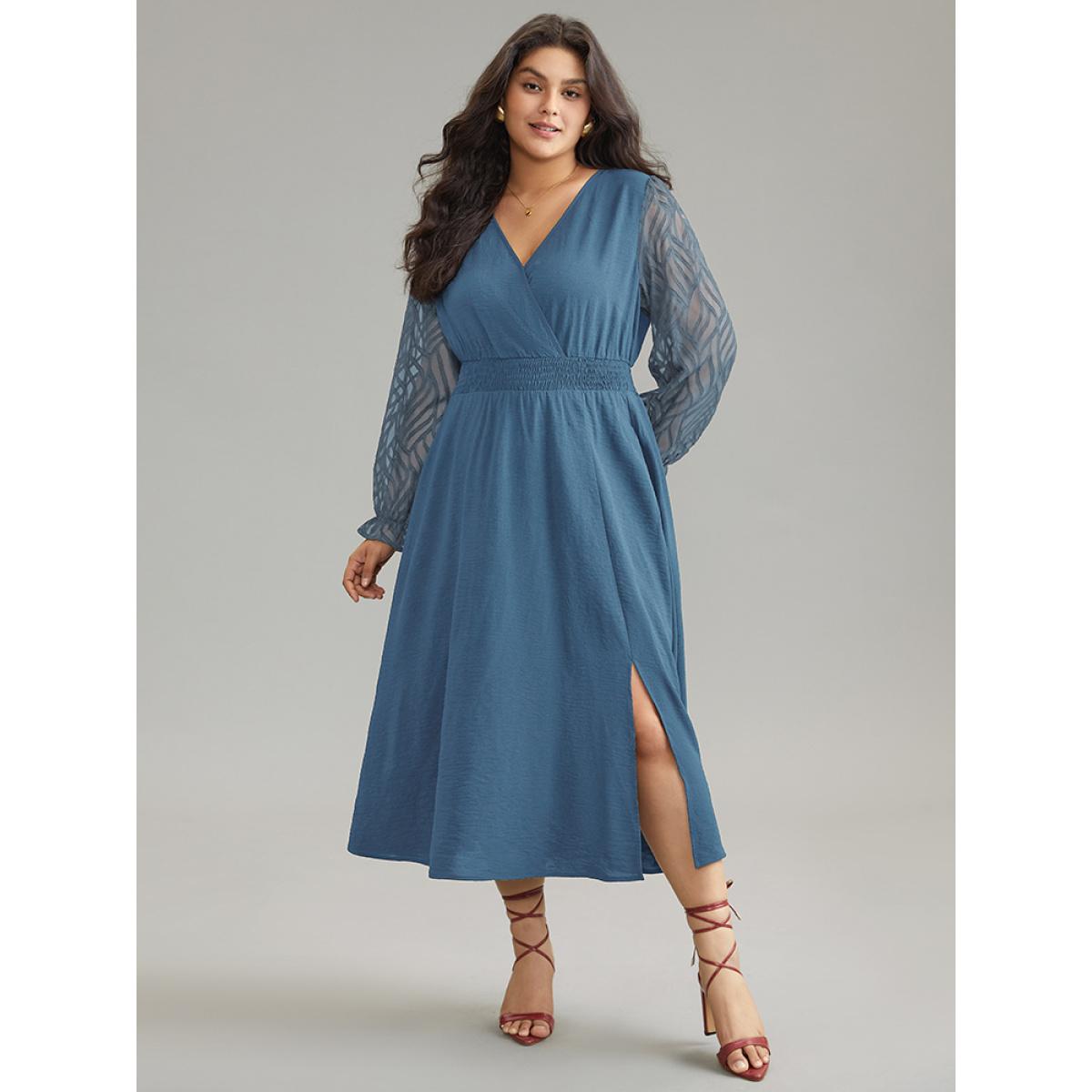 Plus Size Graphic Mesh Patchwork Pocket Split Side Dress Cerulean Women Elegant Wrap Overlap Collar Long Sleeve Curvy Midi Dress BloomChic 10/M Product Image
