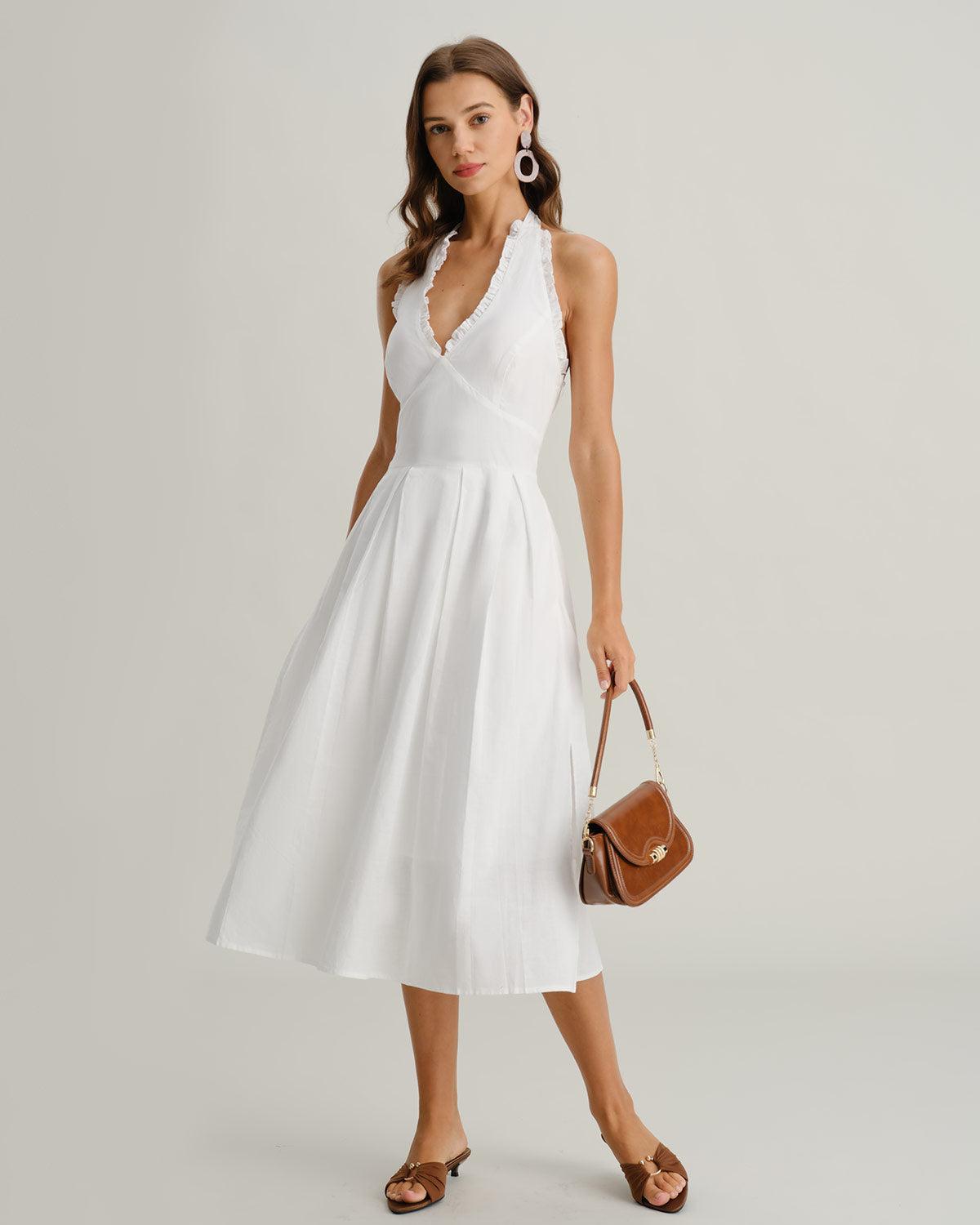 White V Neck Halter Sleeveless Midi Dress Product Image