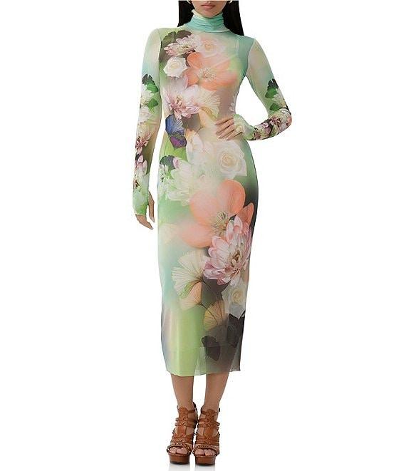AFRM Shailene Floral Placed Print Turtleneck Long Sleeve Midi Dress Product Image