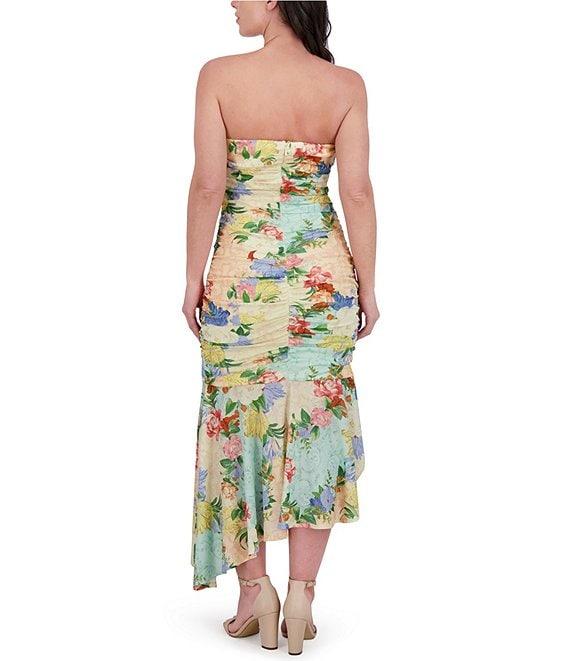 SIENA Mesh Floral Print Strapless Neck Sleeveless Ruched Drop Waist Midi Dress Product Image