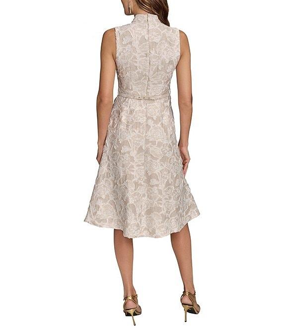 Donna Karan Jacquard V-Neck Sleeveless Belted A-Line Floral Lace Midi Dress Product Image