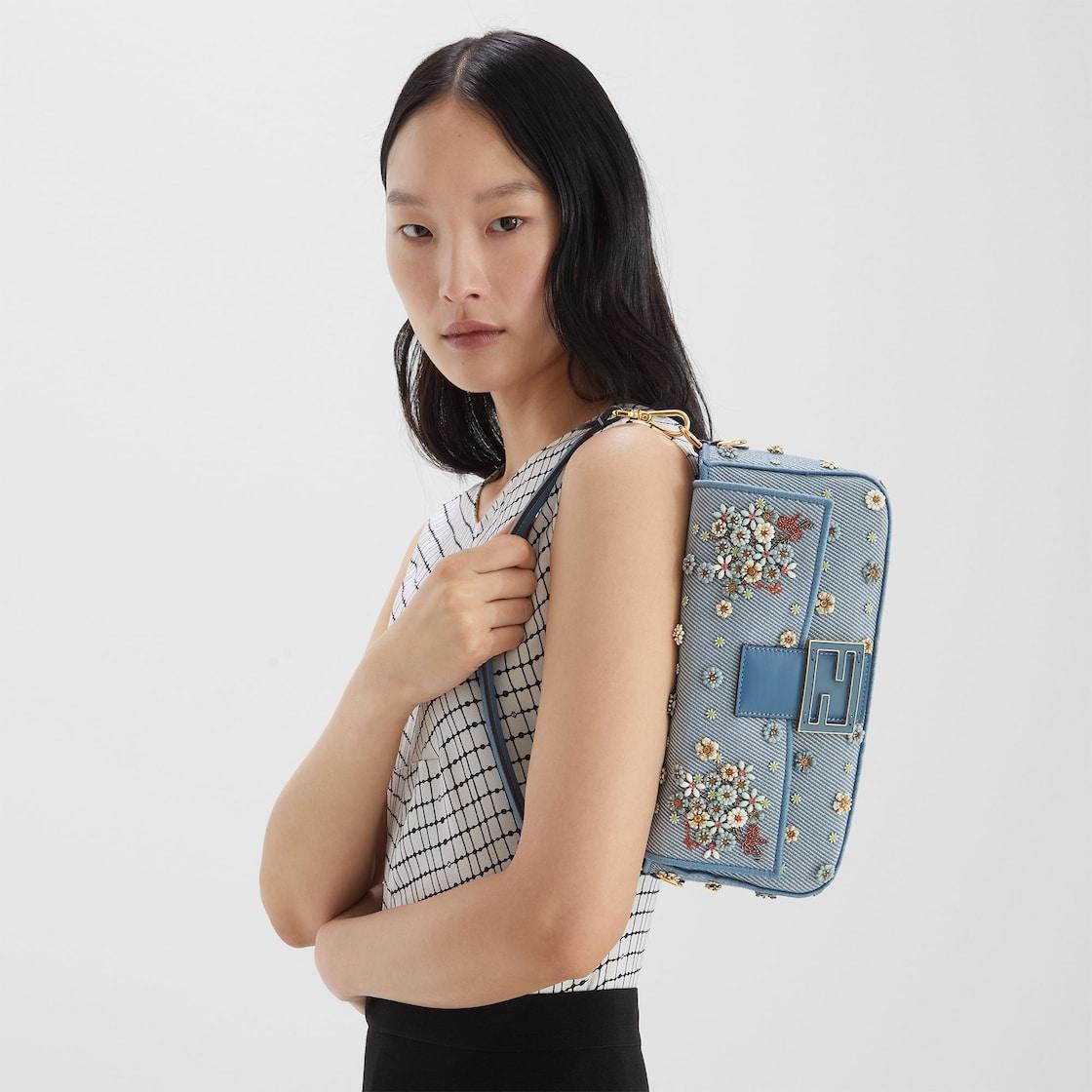 BaguetteFendi Flower Bouquet blue denim-effect jacquard bag Product Image