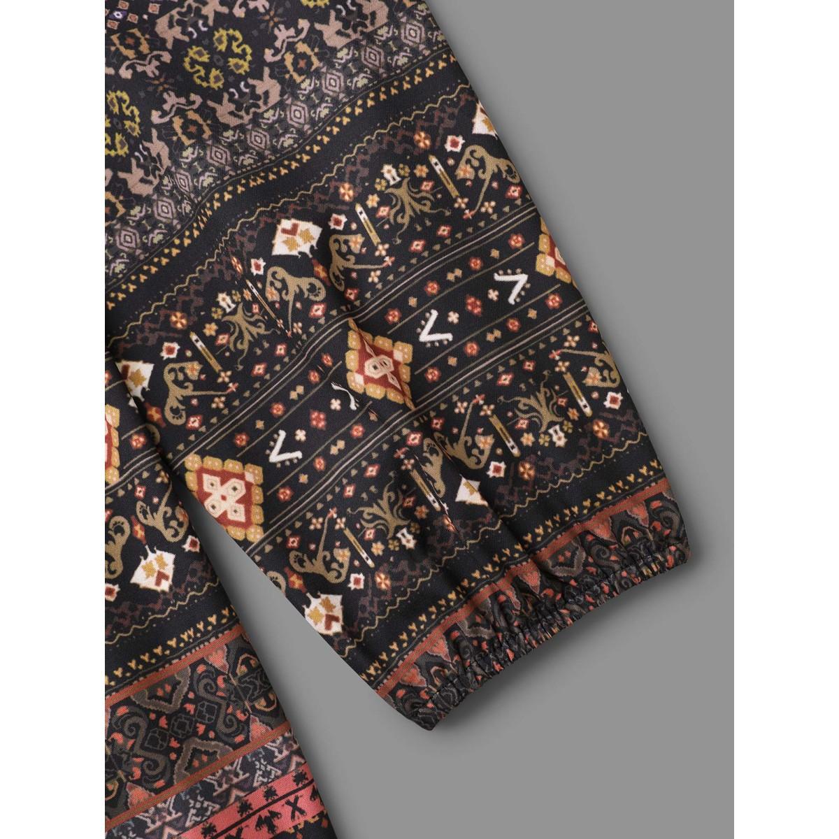 Plus Size DarkBrown Floral Bandana Crisscross Blouse Women Resort Extra Long Sleeve V-neck Vacation Blouses BloomChic 22-24/3X Product Image