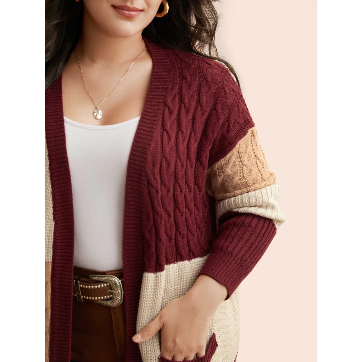 Plus Size Colorblock Contrast Cable Knit Pocket Cardigan Maroon Women Casual Loose Long Sleeve Everyday Cardigans BloomChic 28/5X Product Image