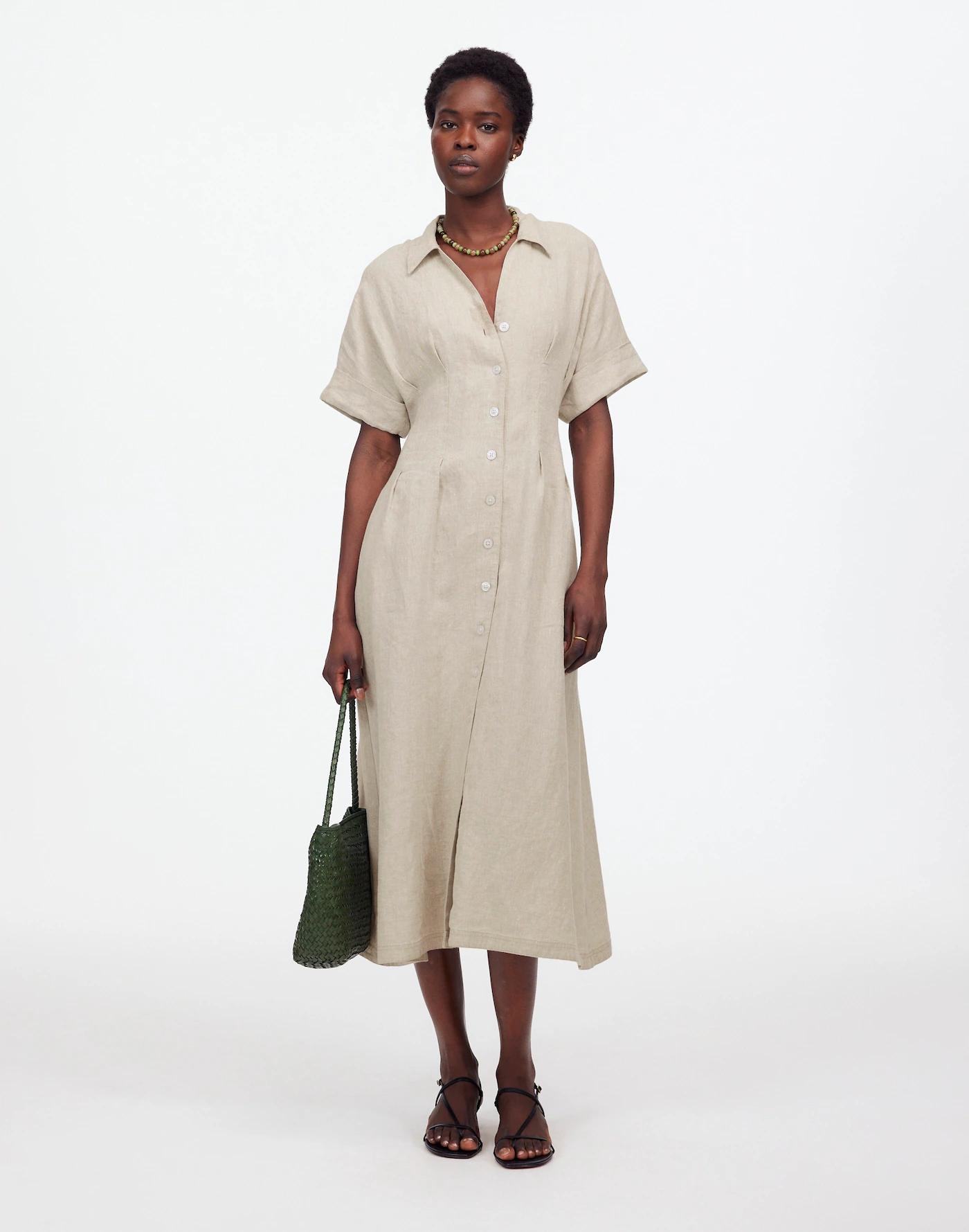 Petite Pleated Button-Front Midi Shirtdress in 100% Linen Product Image