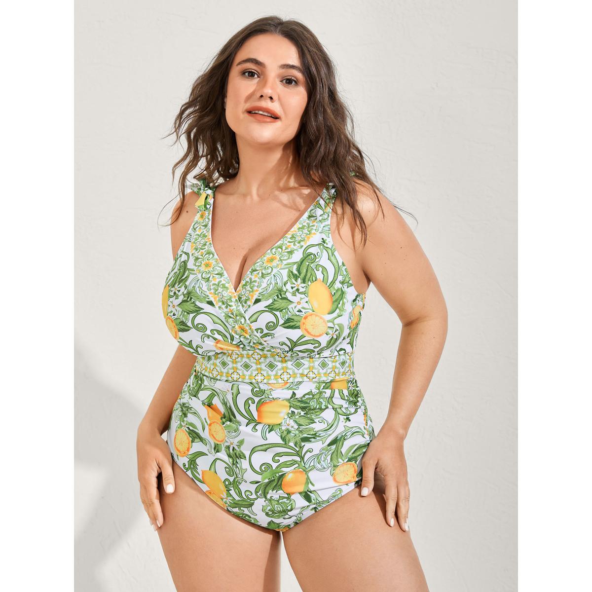 Plus Size Two-Piece Citrus Print Sarong Swimsuit Women's Swimwear Truegreen Resort Tie knot Curve Bathing Suits High stretch One Pieces BloomChic 12/L Product Image